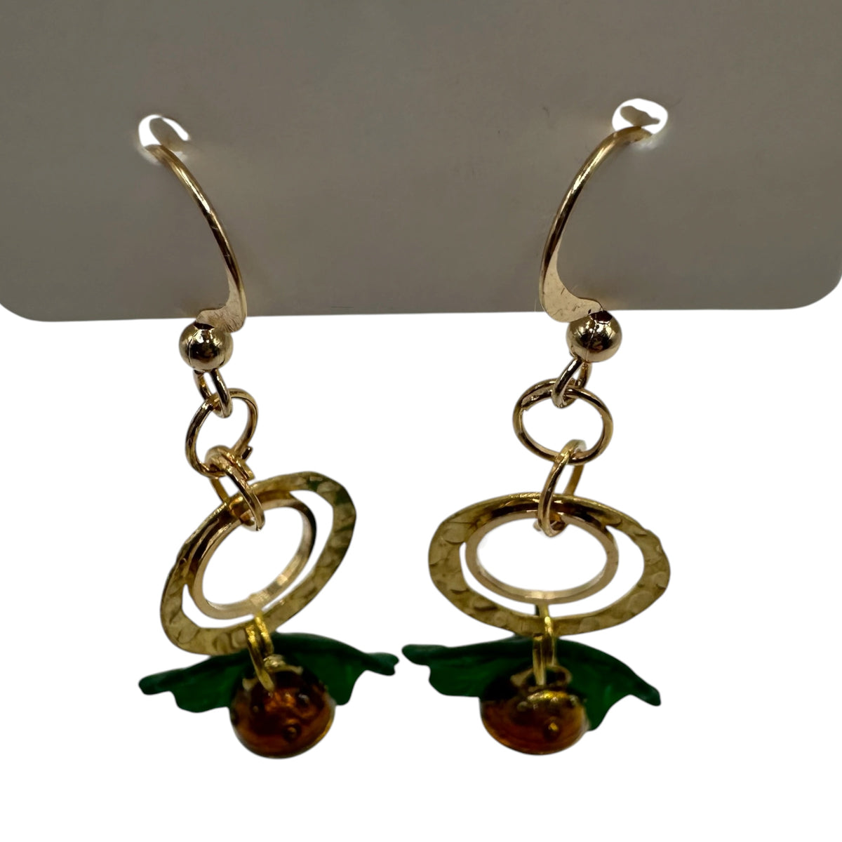 Enchanted Woodland Earrings – champagne gold-tone leaf and toadstool charm earrings