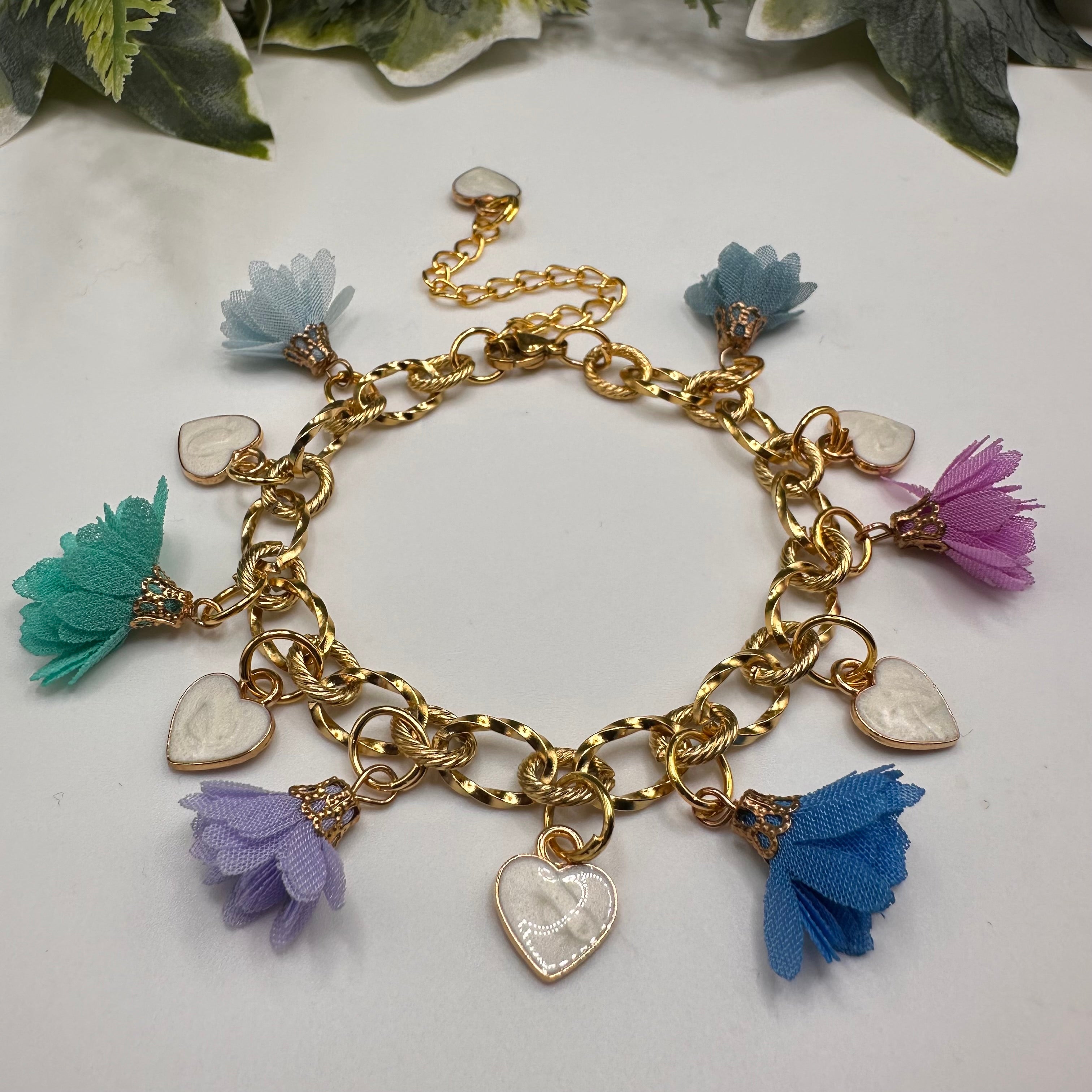 Hearts & Flowers Muted Pastel Charm Bracelet