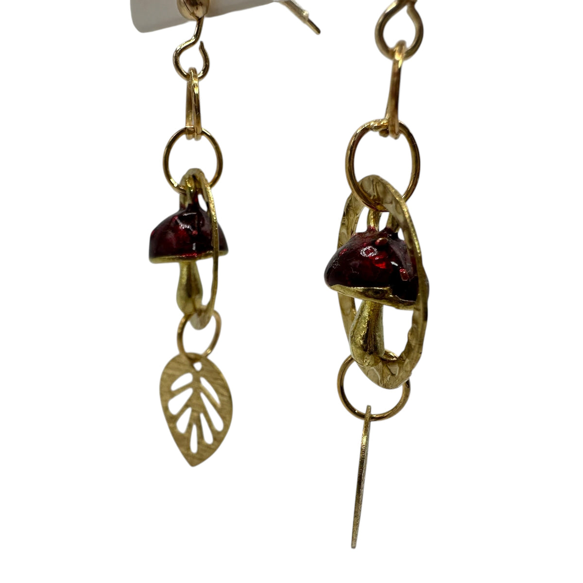 Fairy Ring Toadstool Earrings – champagne gold-tone toadstool and leaf charm earrings