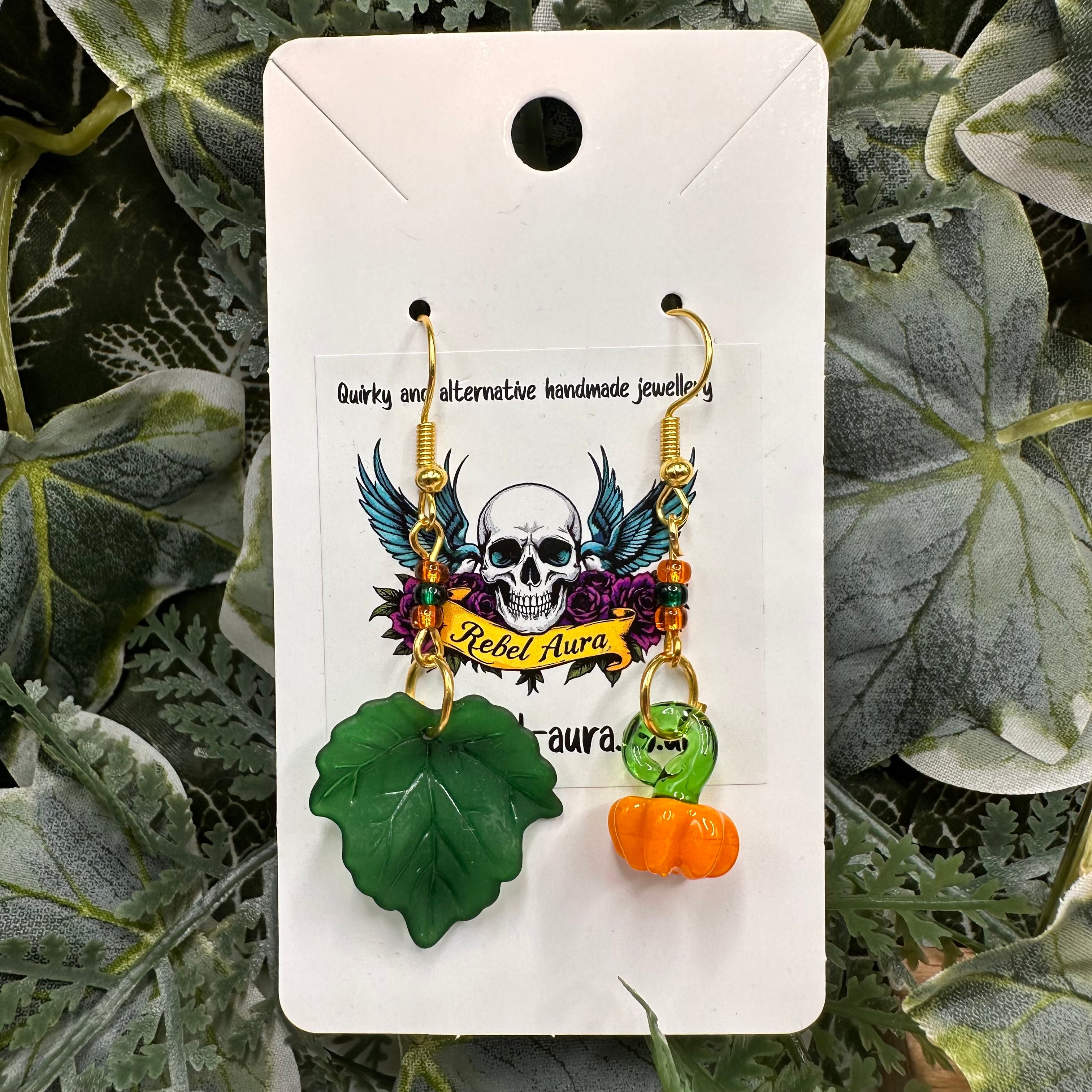 Glass Pumpkin & Green Leaf Beaded Charm Earrings