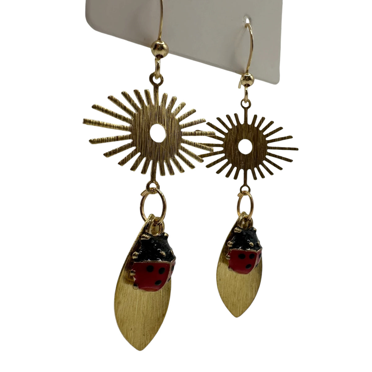 Ladybird's Garden Earrings – champagne gold-tone sunburst, leaf and ladybird earrings