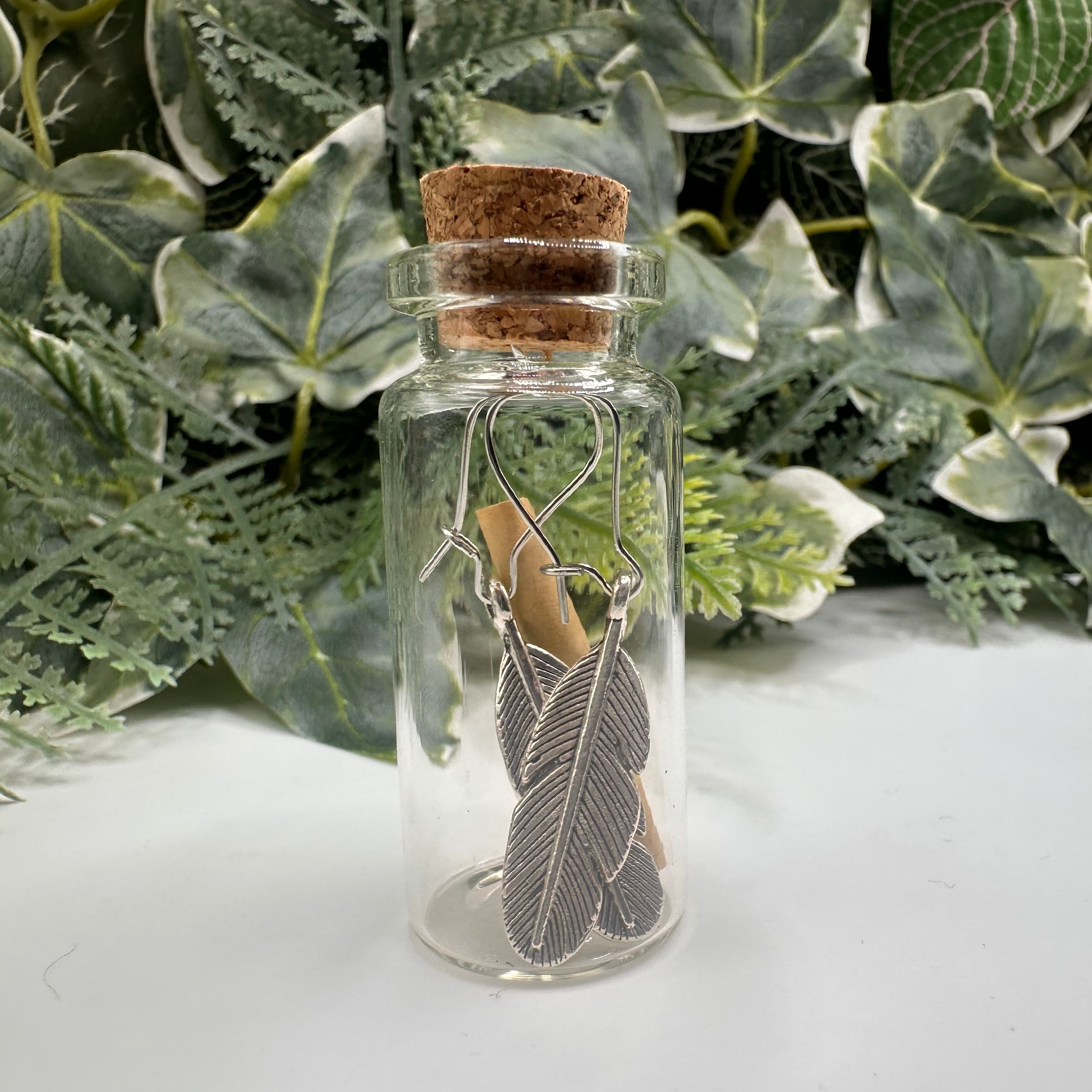 Silver Feather Bottled Charm Earrings