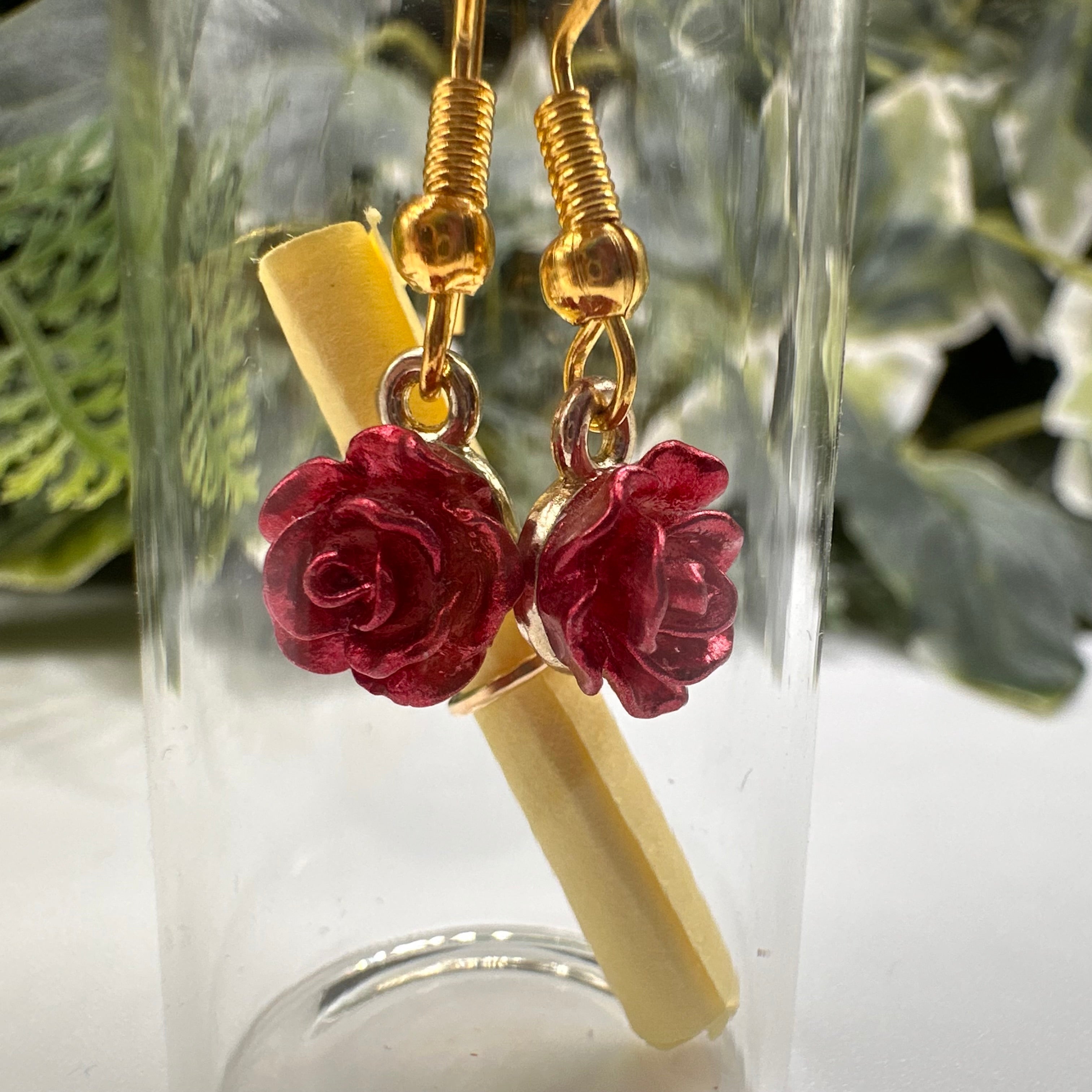 Red Rose Bottled Charm Earrings - Gift Boxed