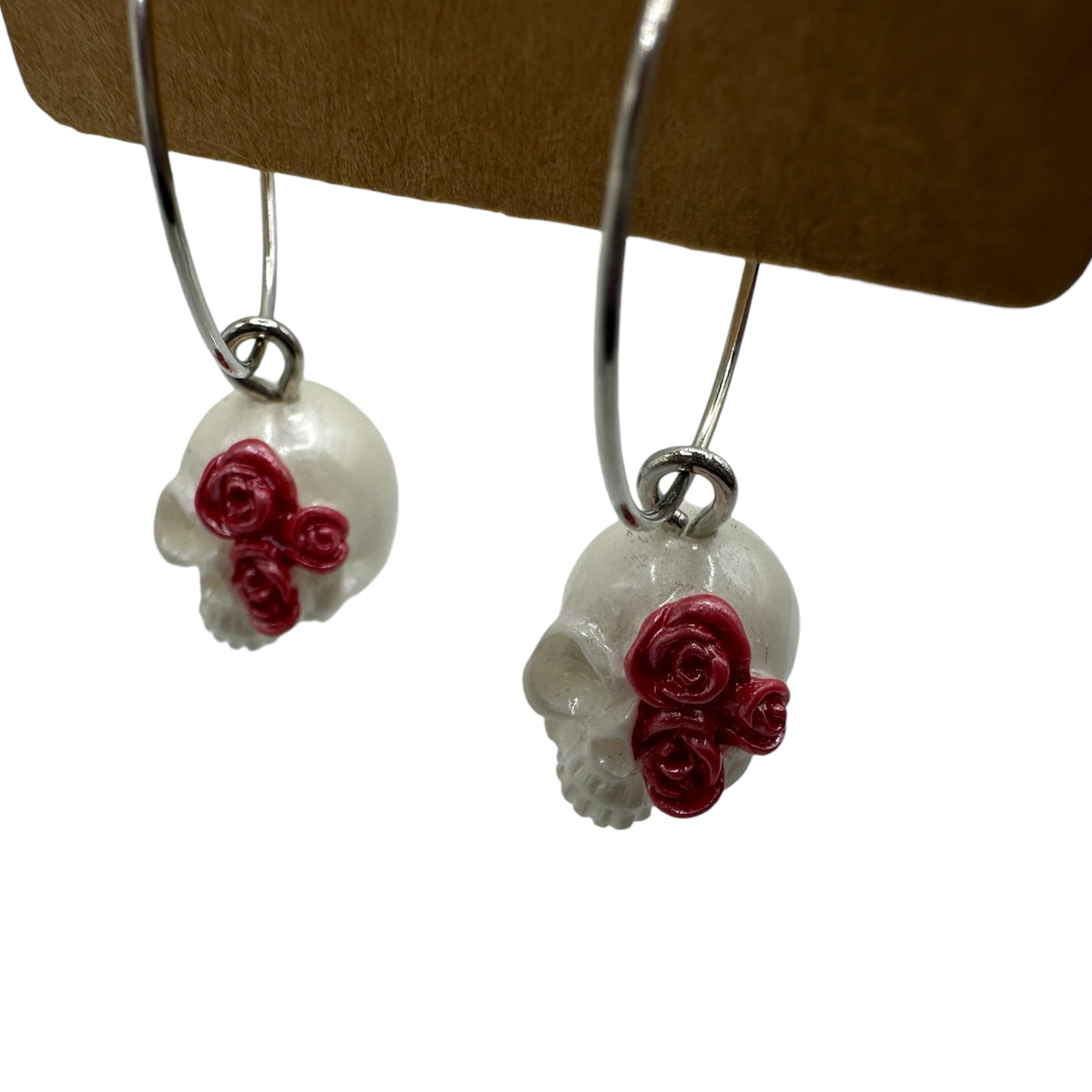 Pearl-White Rose Skull Charm Earrings