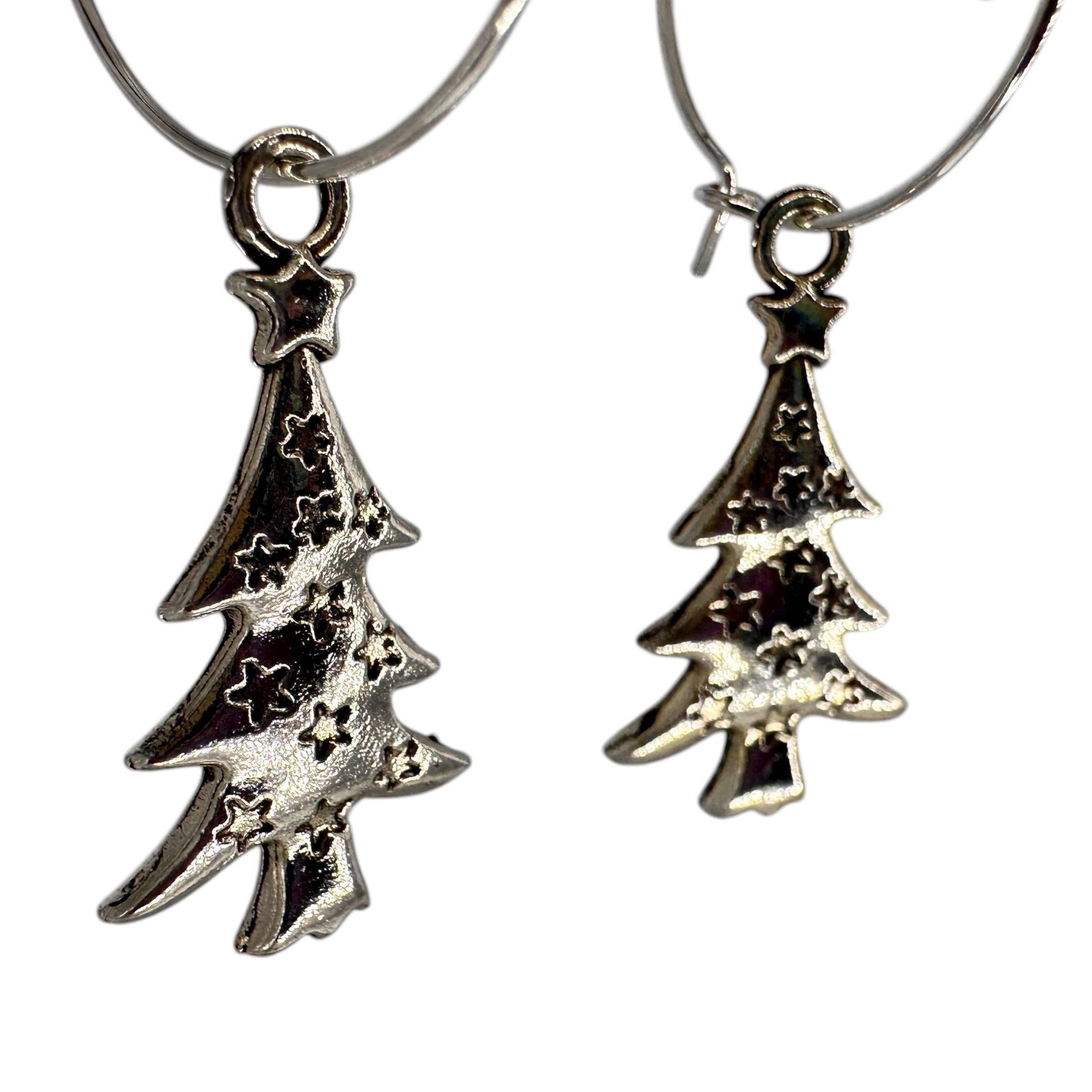 Silver Star Christmas Tree Charm Earrings