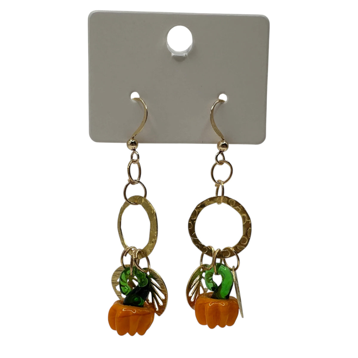 Pumpkin Patch Earrings – champagne gold-tone ring with carved glass pumpkin charm earrings