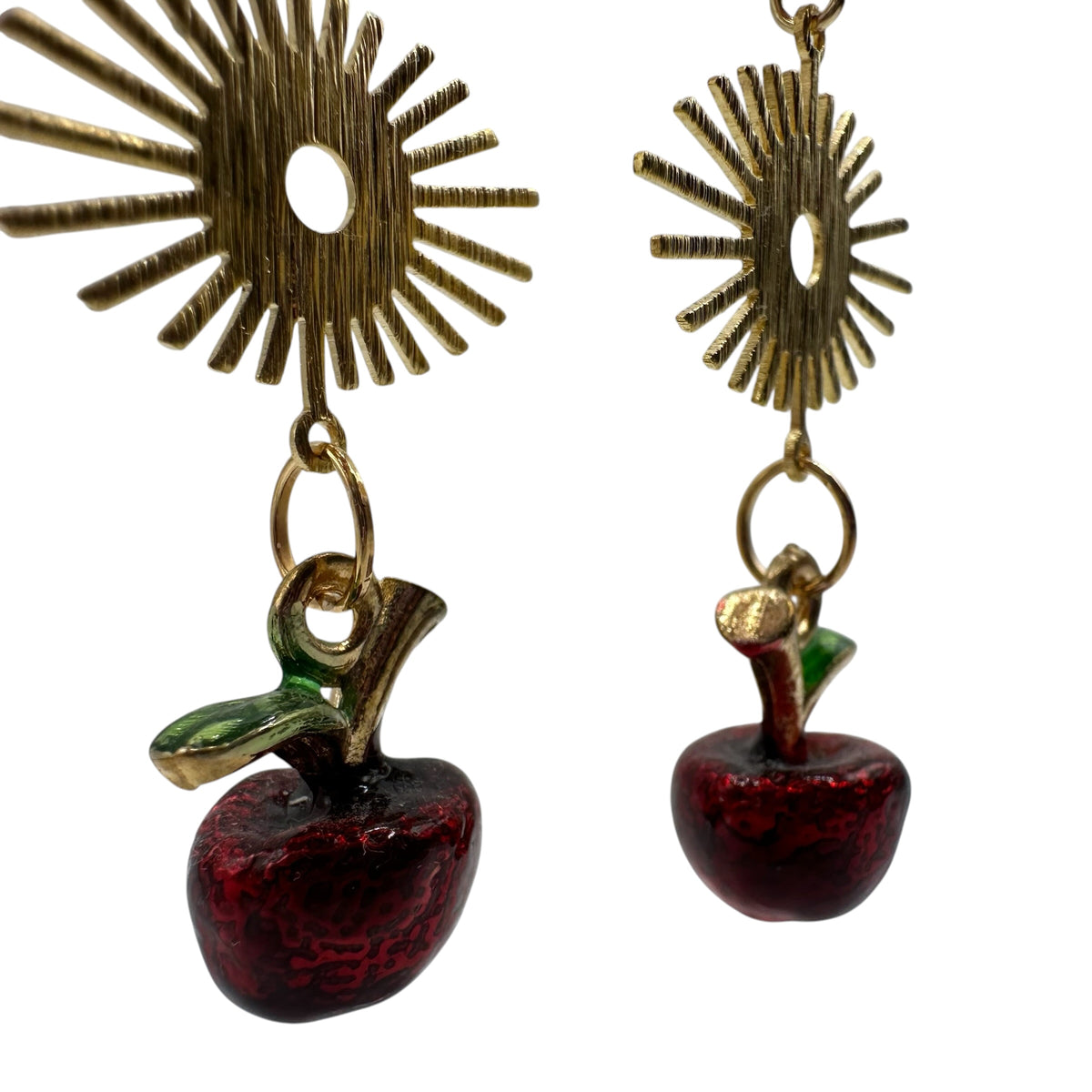 Apple Orchard Earrings – champagne gold-tone sunburst and apple charm earrings