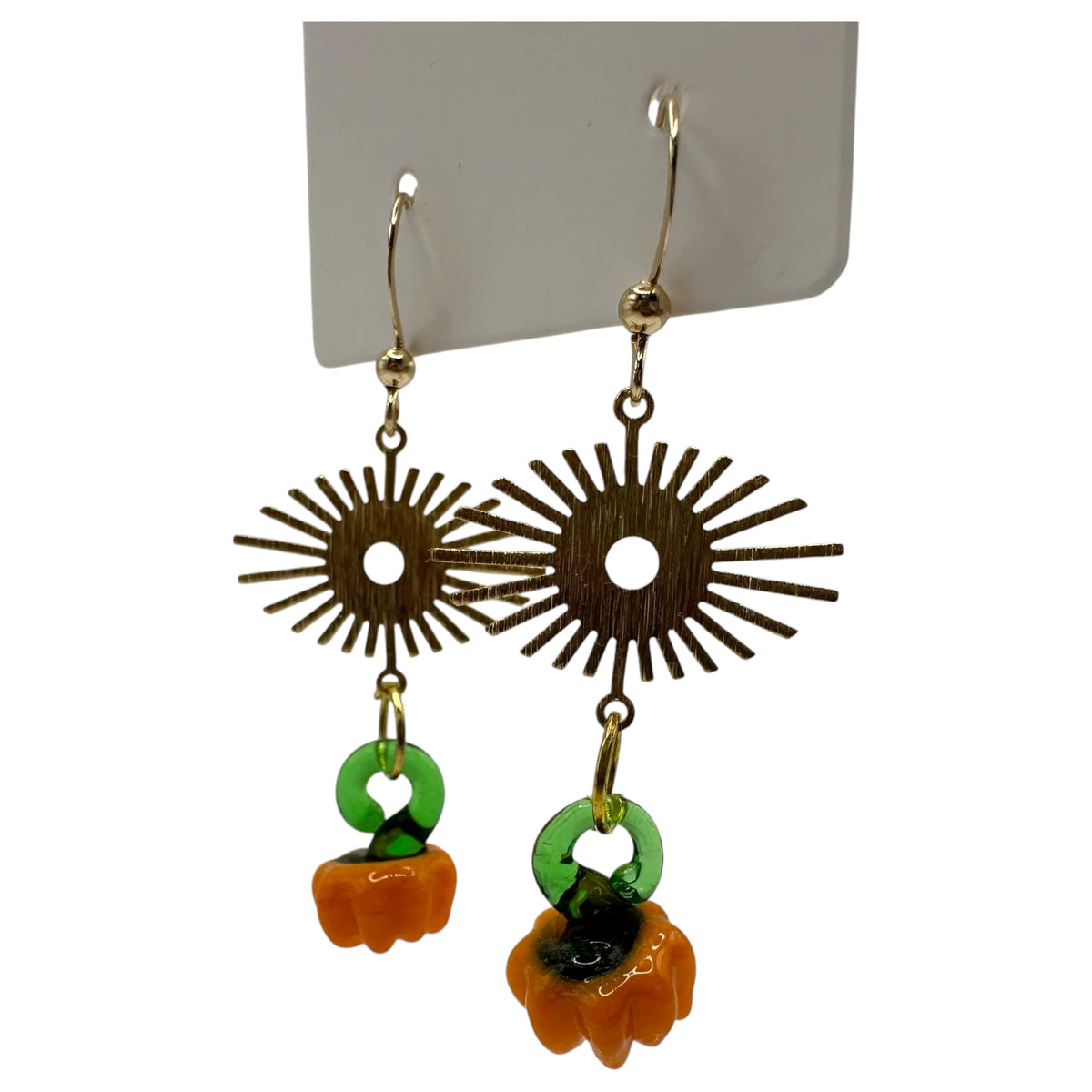 Sunlit Pumpkin Earrings – champagne gold-tone sunburst and carved glass pumpkin earrings