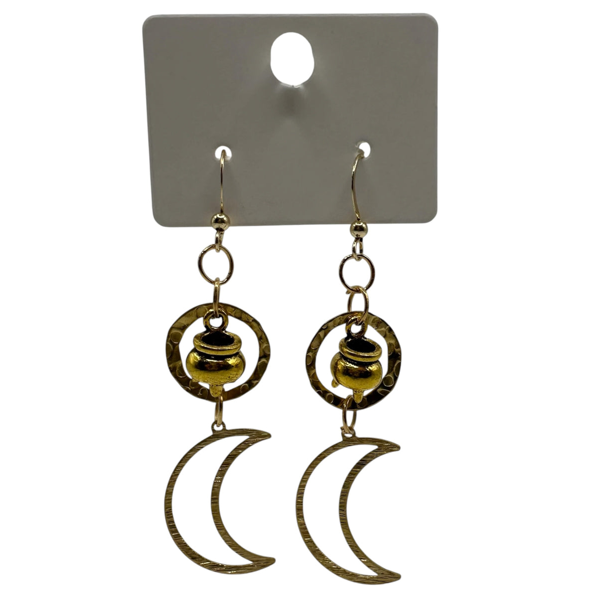Witching Hour Earrings – champagne gold-tone cauldron and crescent moon earrings