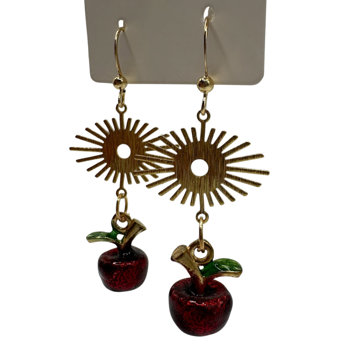 Apple Orchard Earrings – champagne gold-tone sunburst and apple charm earrings