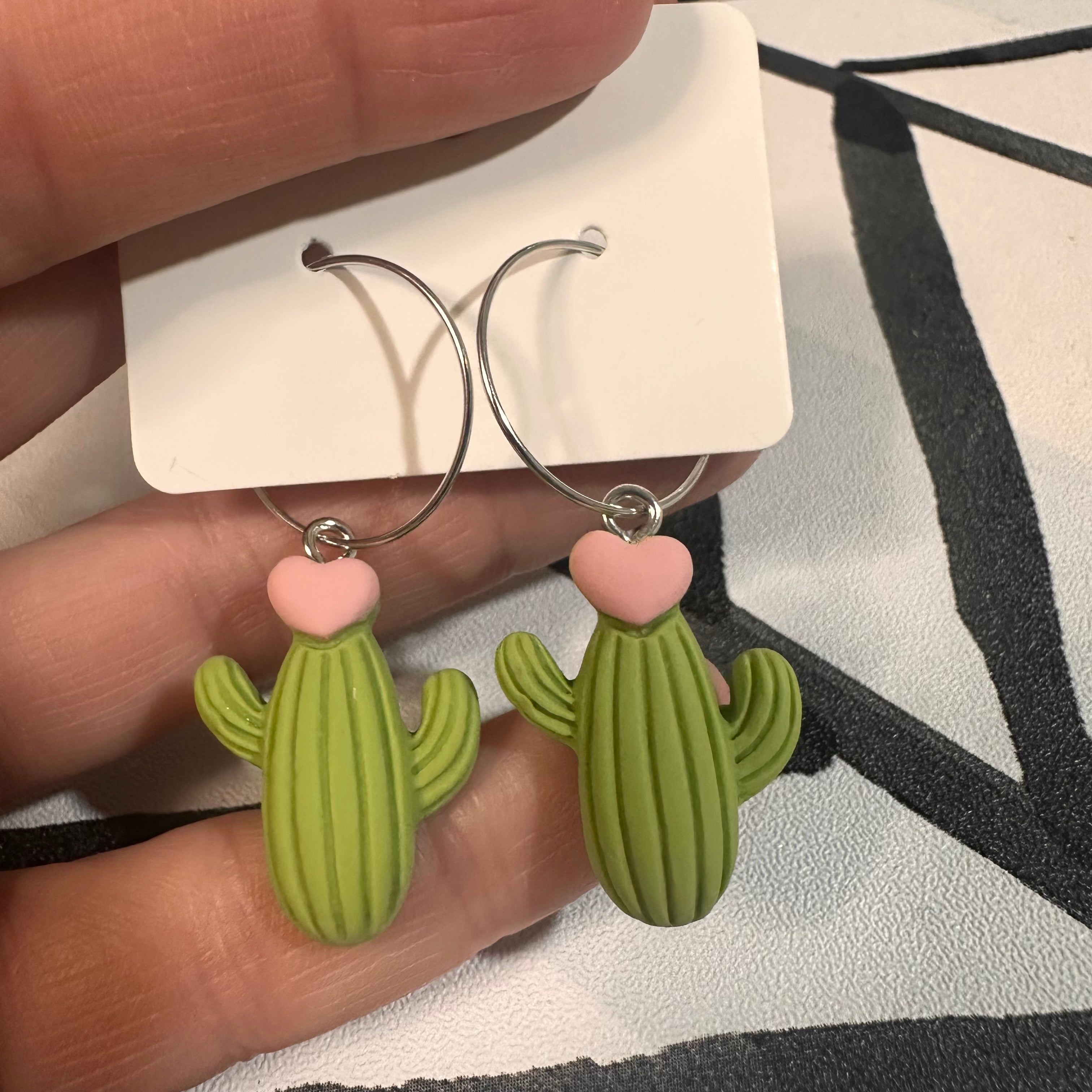 Green Cactus Heart Charm Earrings