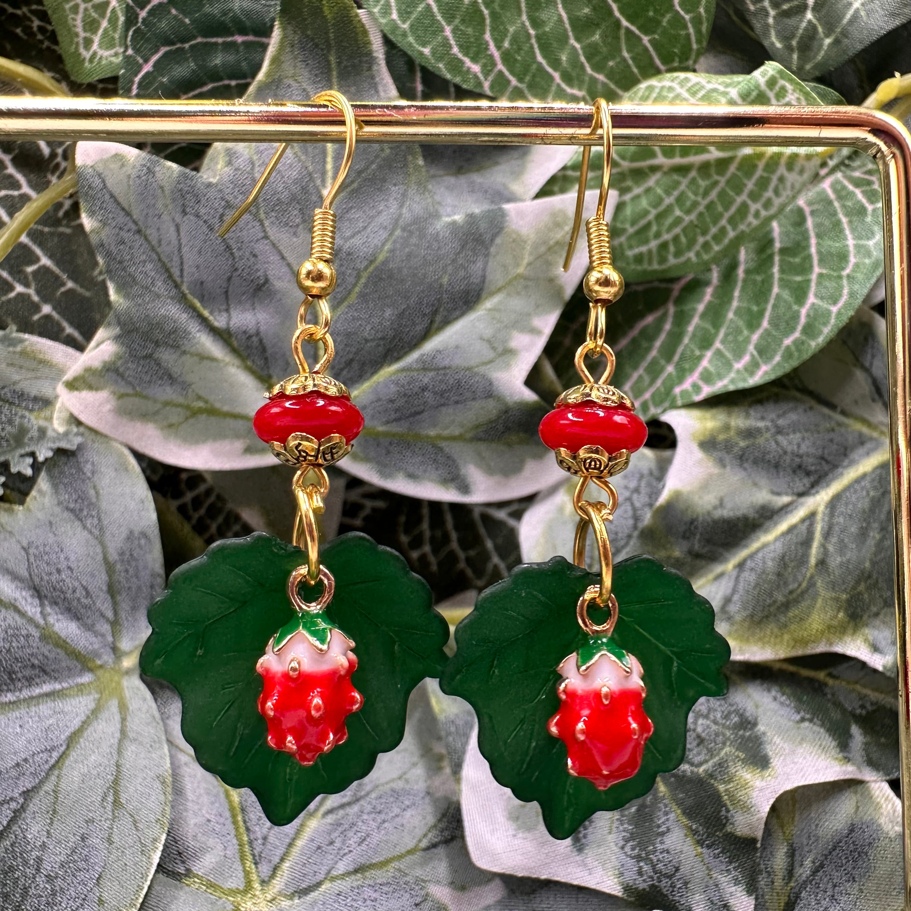 Strawberry & Green Leaf Beaded Charm Earrings