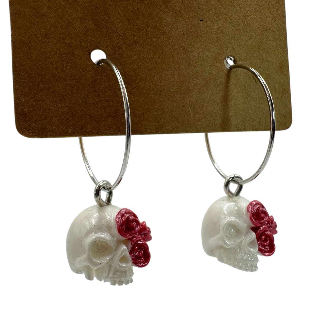 Pearl-White Rose Skull Charm Earrings