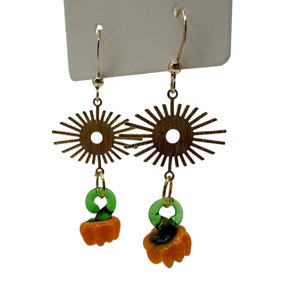 Sunlit Pumpkin Earrings – champagne gold-tone sunburst and carved glass pumpkin earrings
