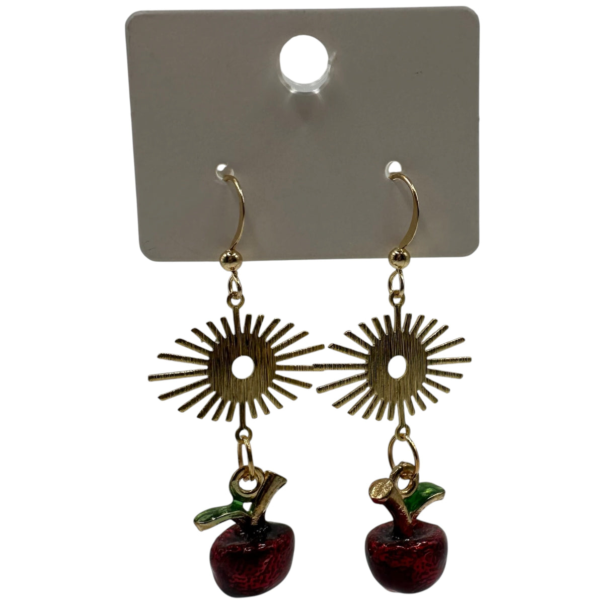 Apple Orchard Earrings – champagne gold-tone sunburst and apple charm earrings