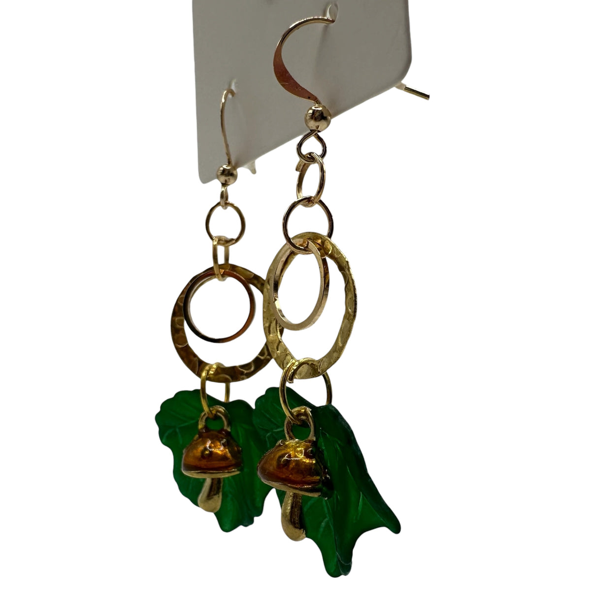 Enchanted Woodland Earrings – champagne gold-tone leaf and toadstool charm earrings