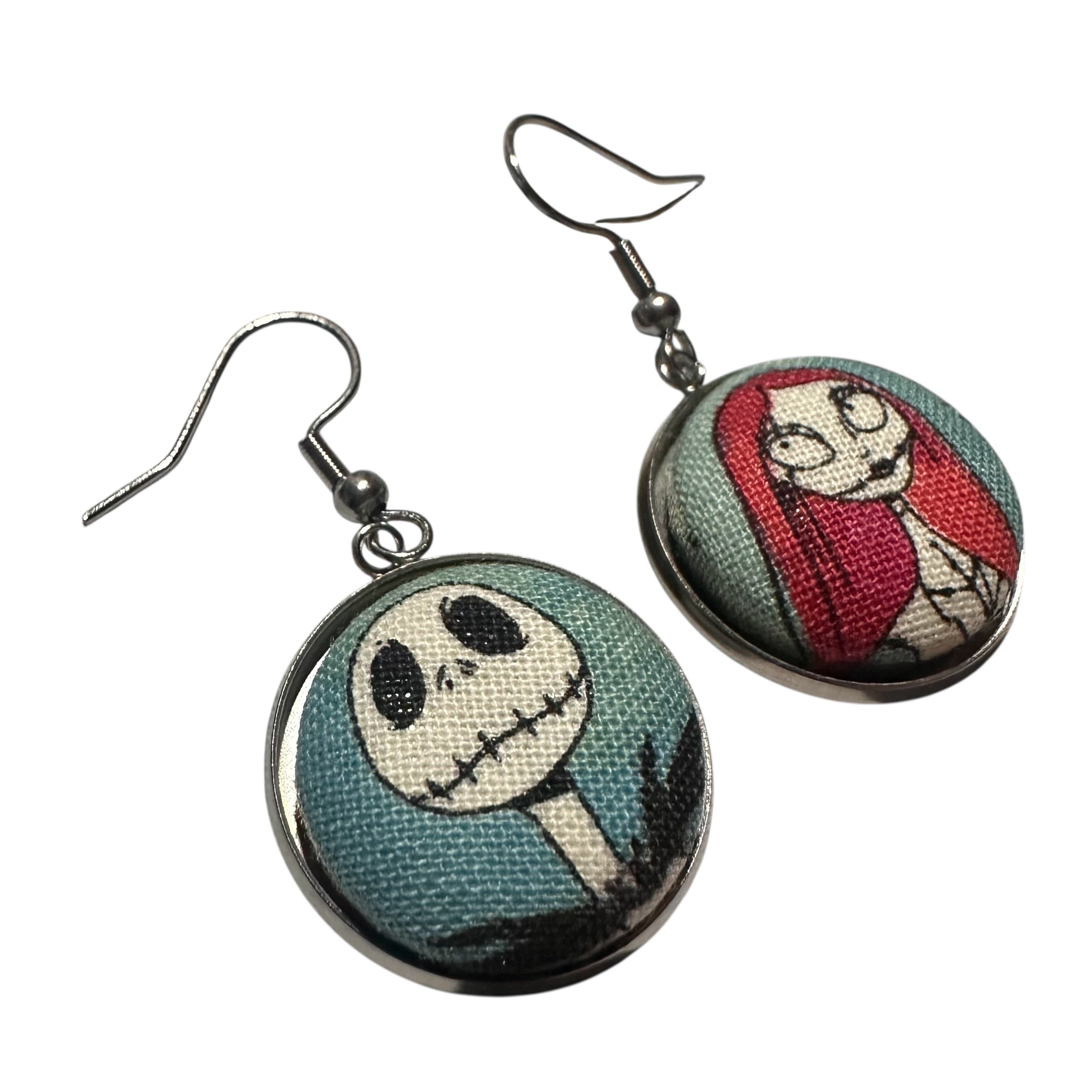 Jack & Sally Nightmare Before Christmas Small Dangly Button Earrings