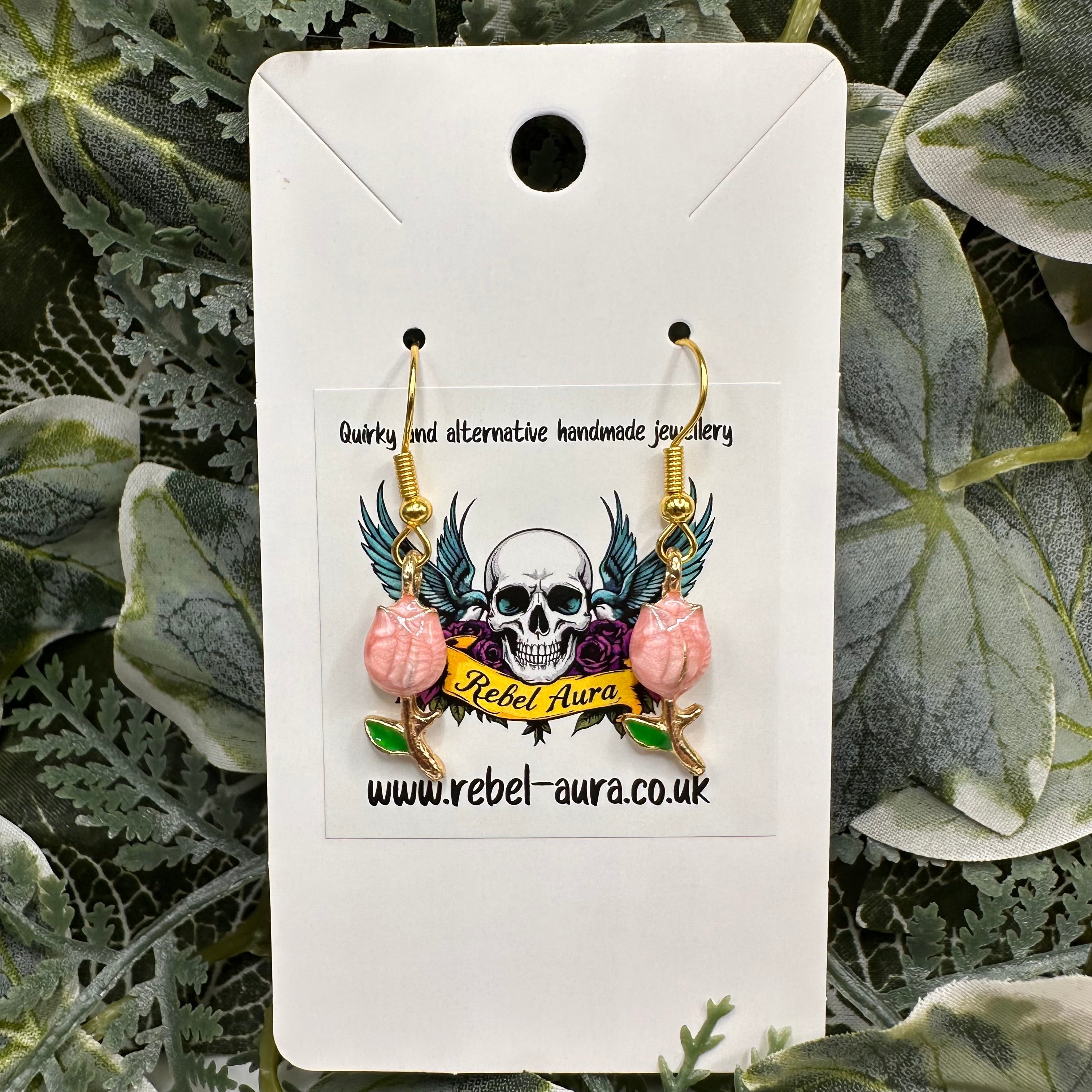 Pink & Gold Rose Charm Earrings