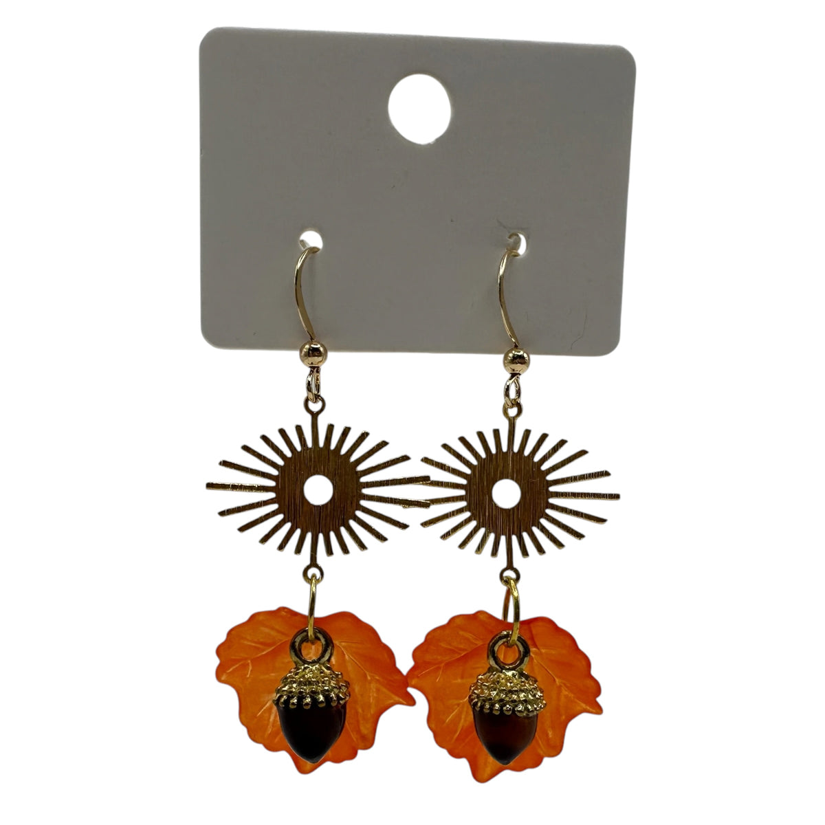 Autumn Sunbeam Acorn Earrings – champagne gold-tone sunburst, leaf and acorn earrings