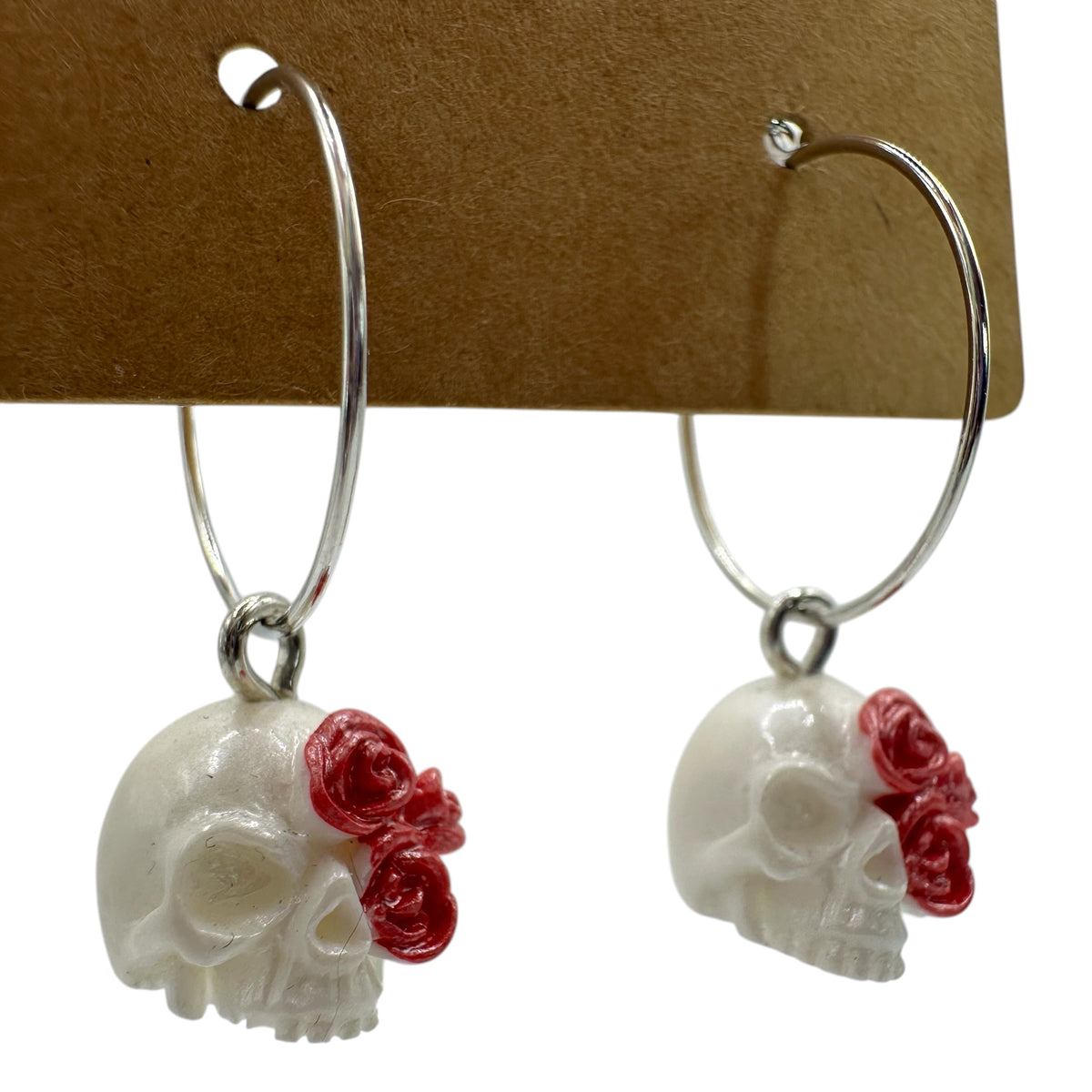 Pearl-White Rose Skull Charm Earrings
