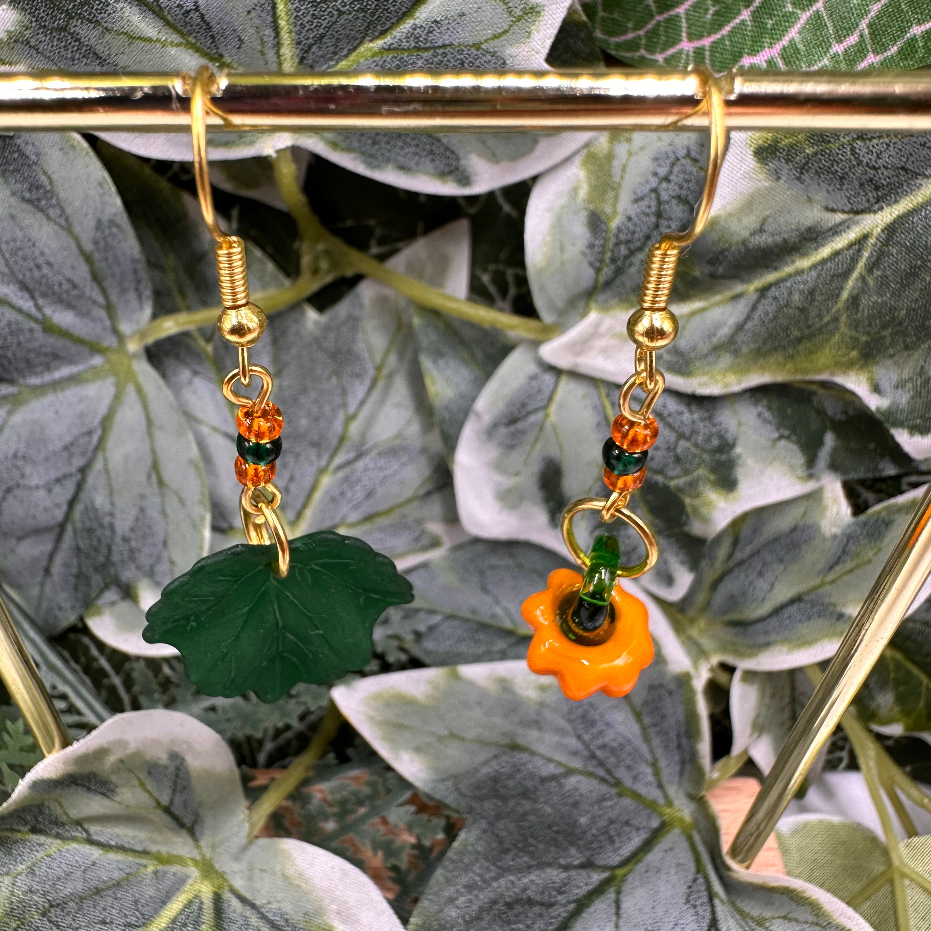 Glass Pumpkin & Green Leaf Beaded Charm Earrings