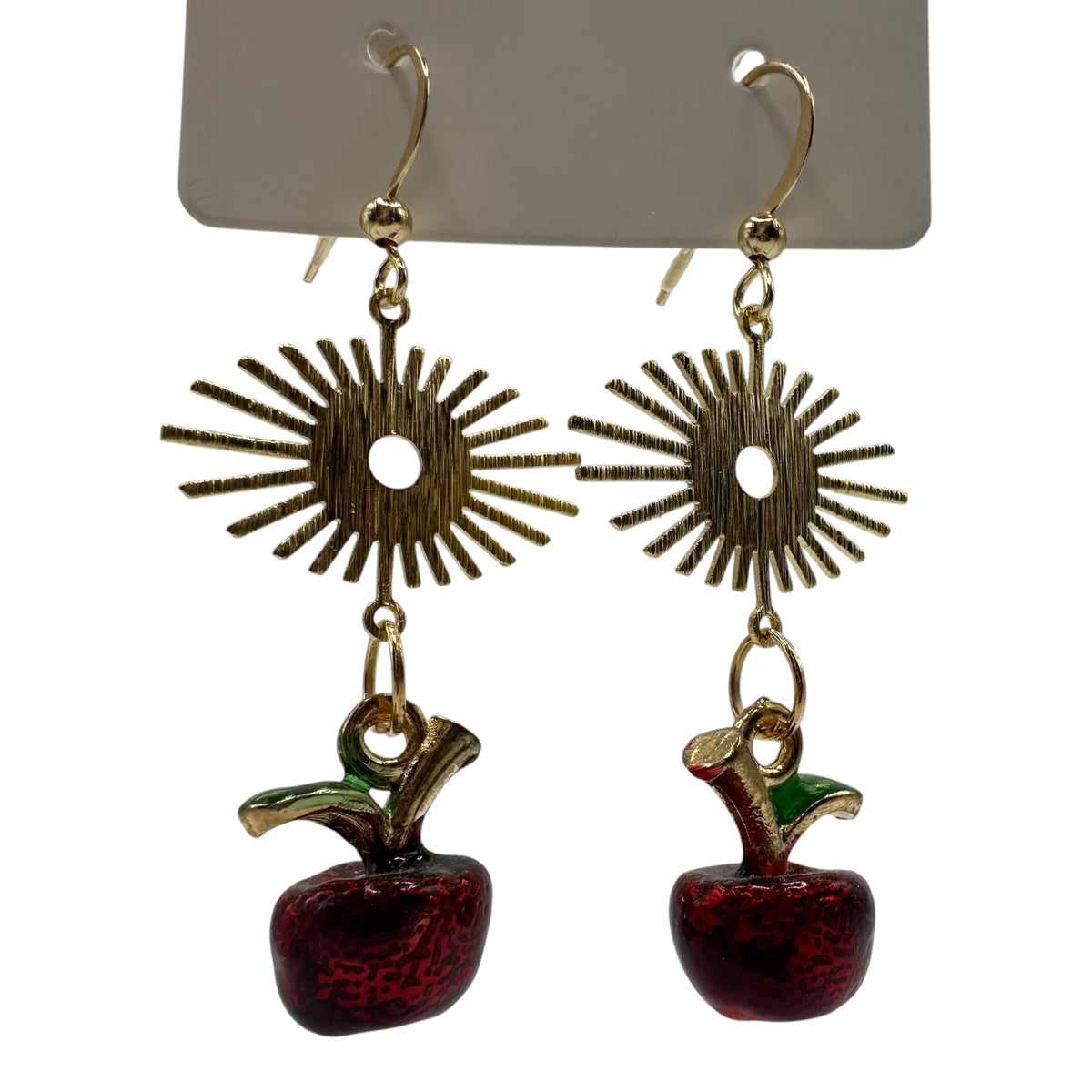 Apple Orchard Earrings – champagne gold-tone sunburst and apple charm earrings
