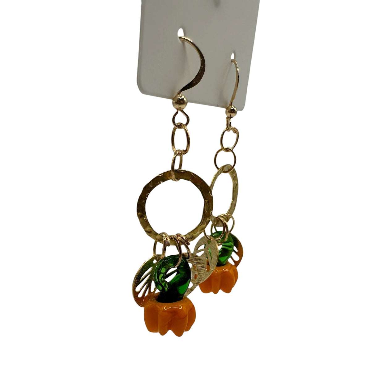 Pumpkin Patch Earrings – champagne gold-tone ring with carved glass pumpkin charm earrings