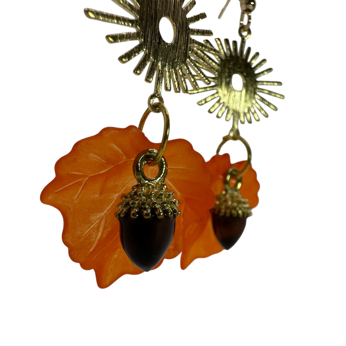 Autumn Sunbeam Acorn Earrings – champagne gold-tone sunburst, leaf and acorn earrings