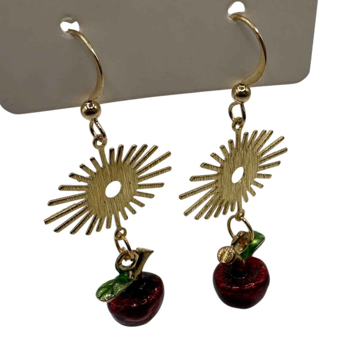 Apple Orchard Earrings – champagne gold-tone sunburst and apple charm earrings