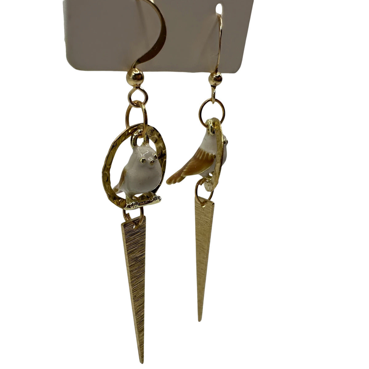 Garden Sentinel Pigeon Earrings – champagne gold-tone pigeon and dagger drop earrings