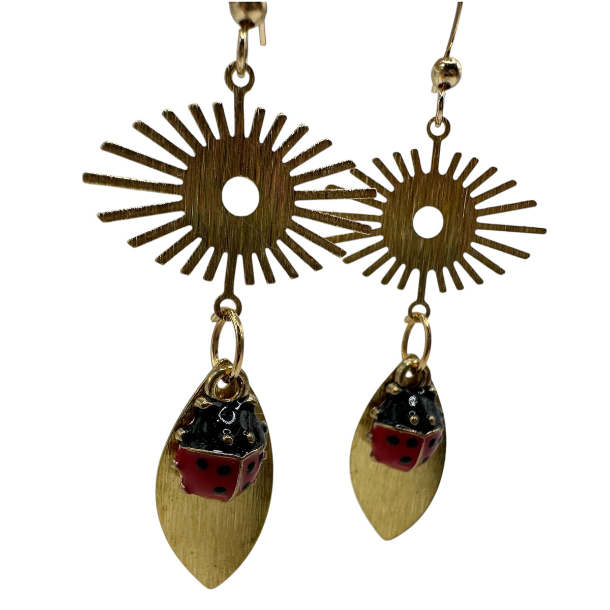 Ladybird's Garden Earrings – champagne gold-tone sunburst, leaf and ladybird earrings
