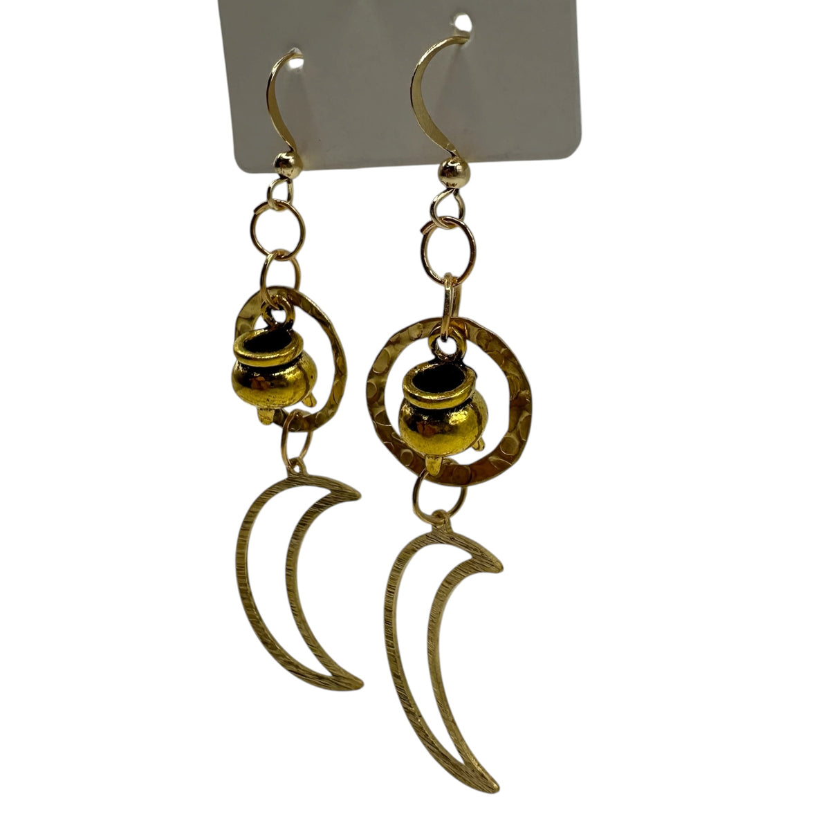 Witching Hour Earrings – champagne gold-tone cauldron and crescent moon earrings