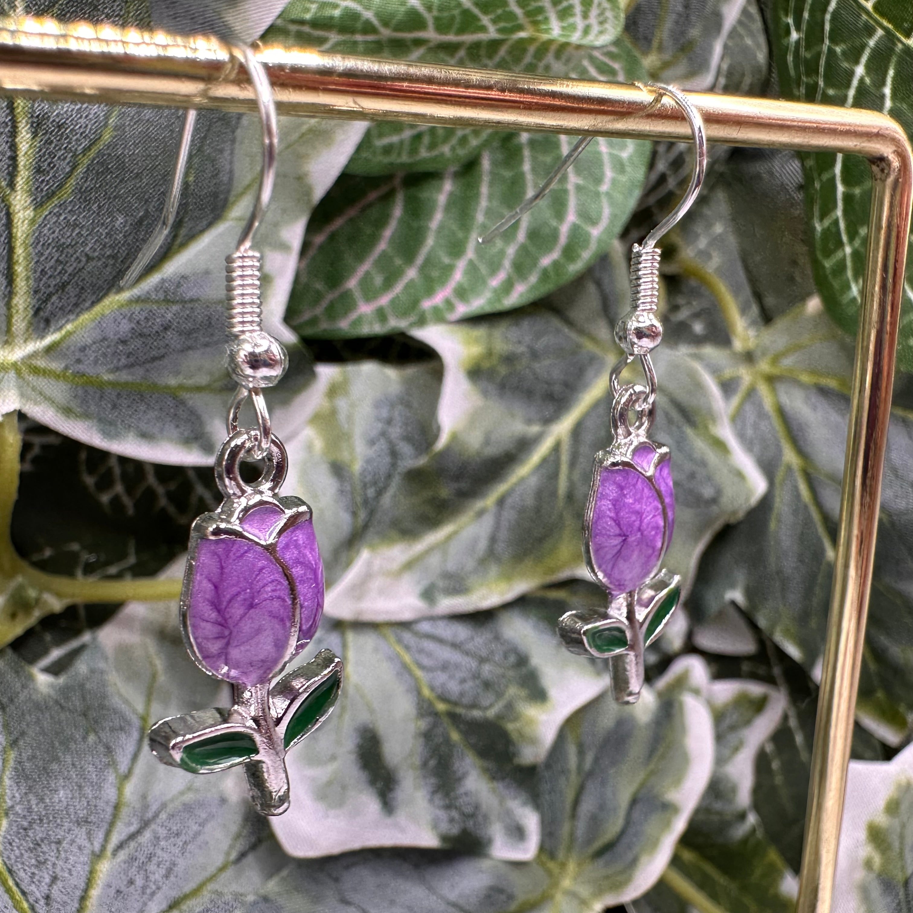 Purple & Silver Rose Charm Earrings