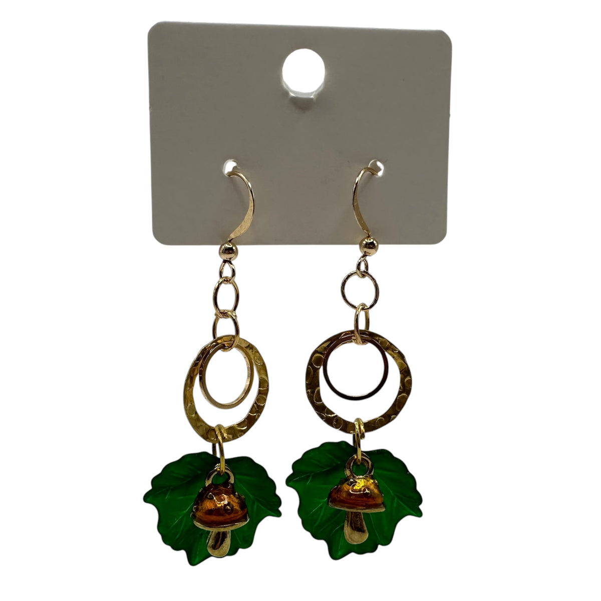 Enchanted Woodland Earrings – champagne gold-tone leaf and toadstool charm earrings