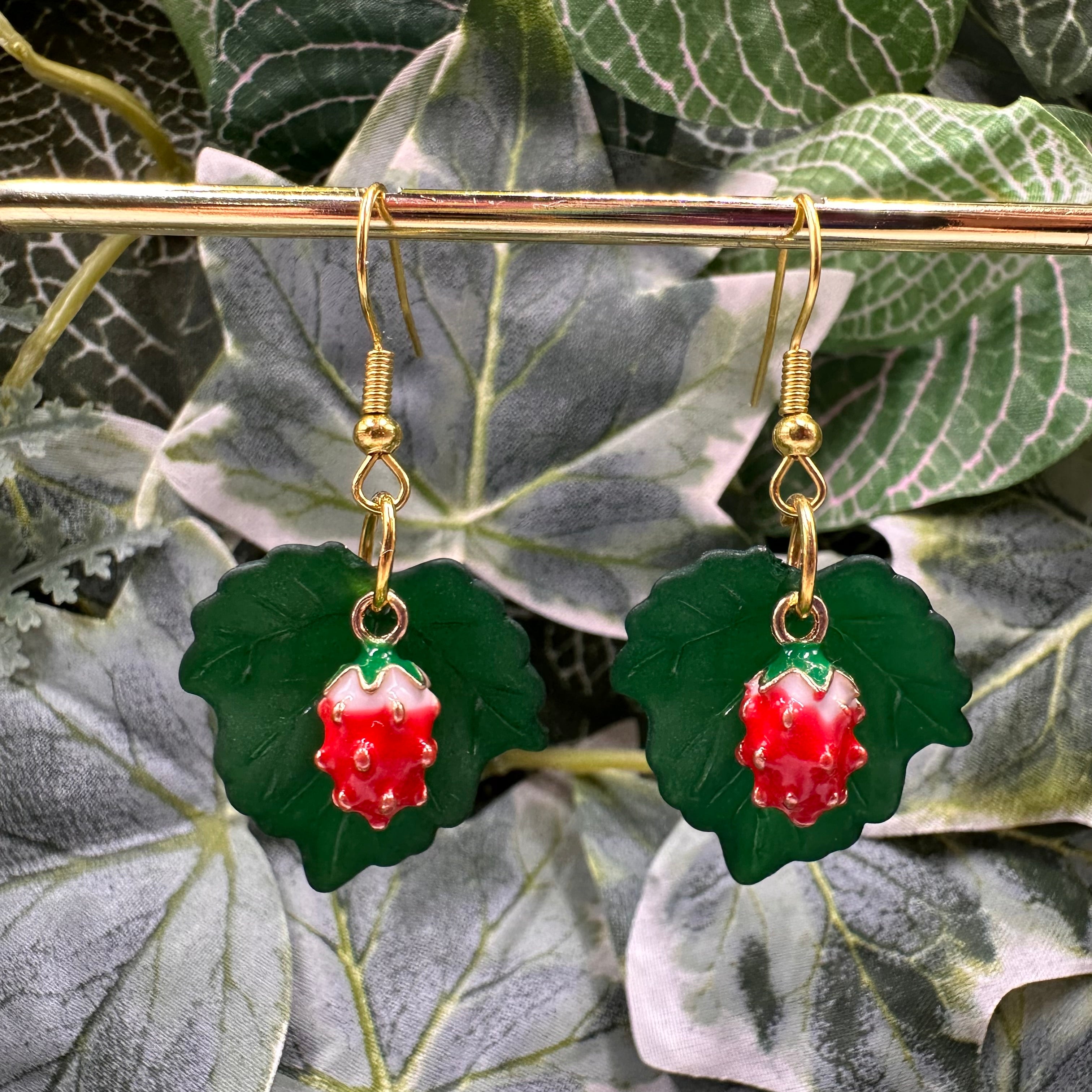 Leafy Strawberry Charm Earrings