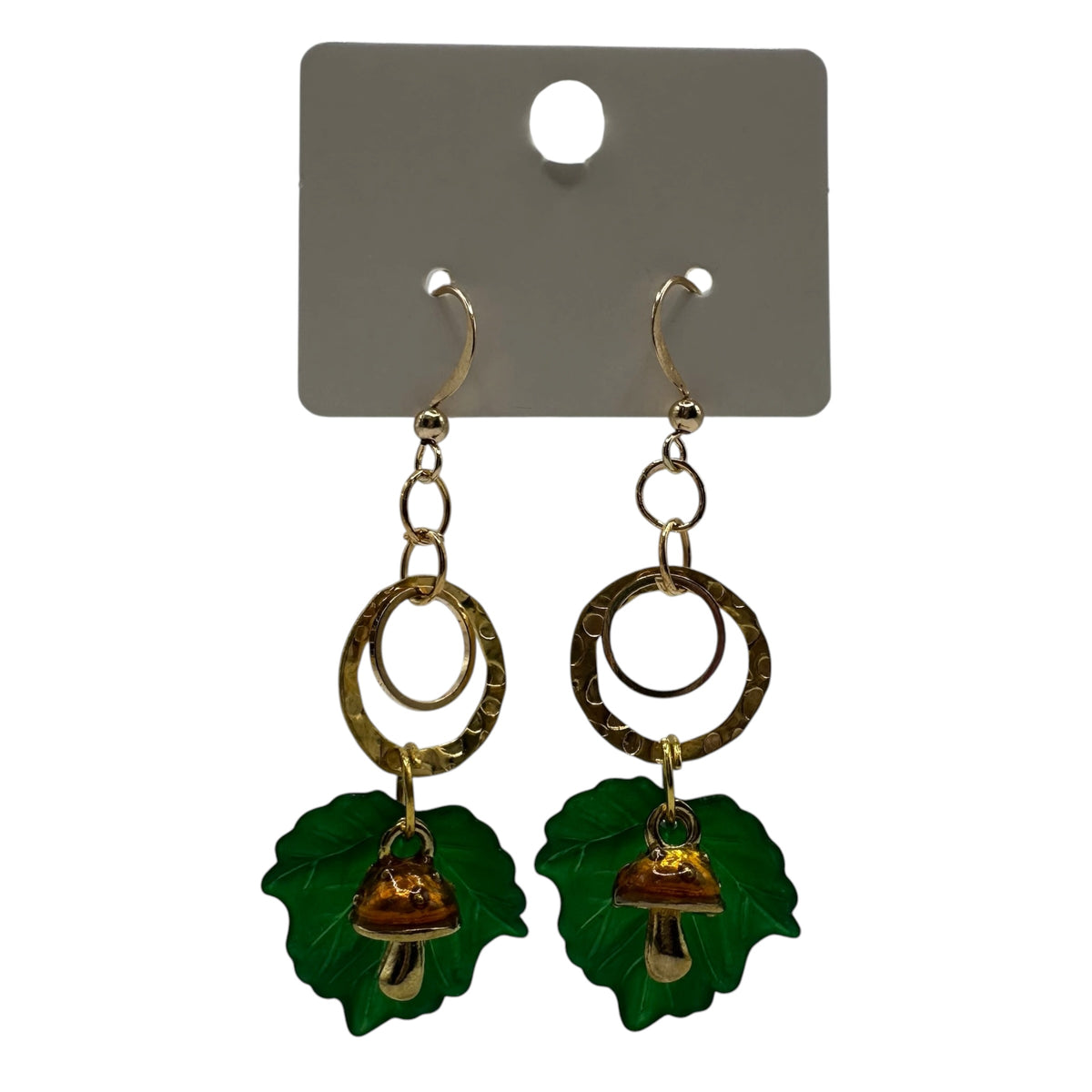 Enchanted Woodland Earrings – champagne gold-tone leaf and toadstool charm earrings