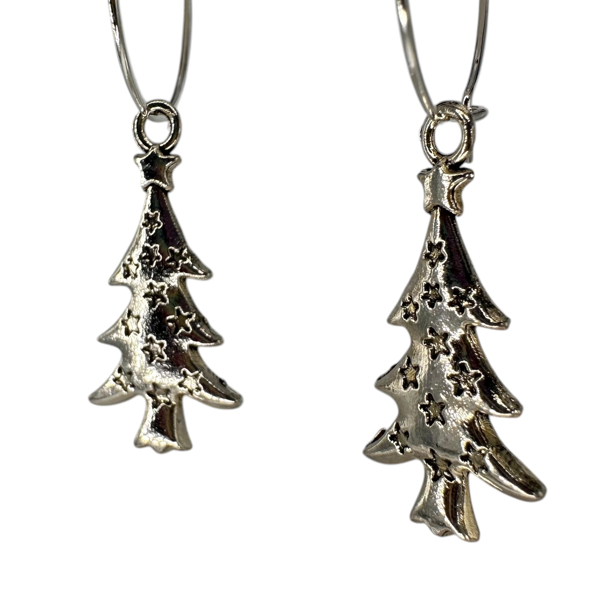 Silver Star Christmas Tree Charm Earrings
