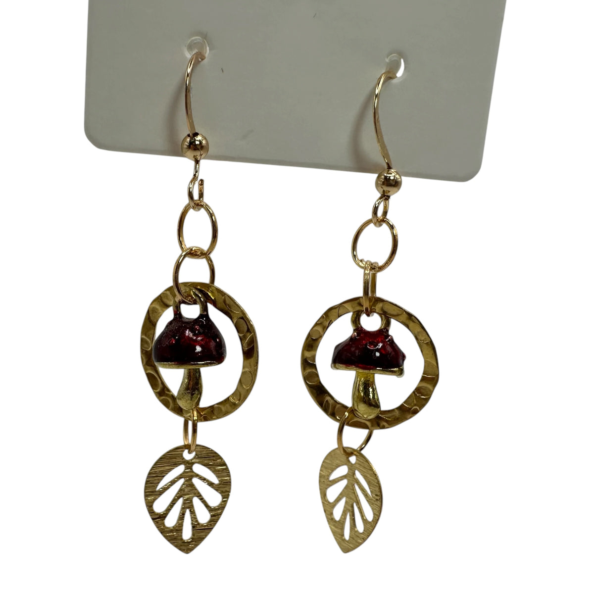 Fairy Ring Toadstool Earrings – champagne gold-tone toadstool and leaf charm earrings