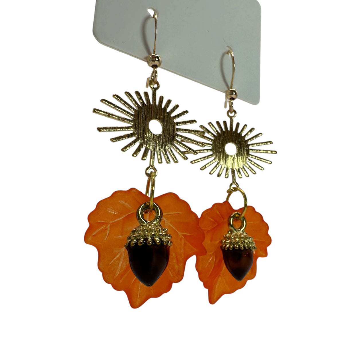Autumn Sunbeam Acorn Earrings – champagne gold-tone sunburst, leaf and acorn earrings