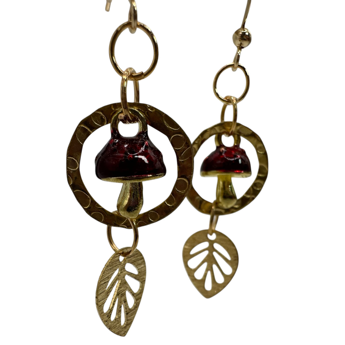 Fairy Ring Toadstool Earrings – champagne gold-tone toadstool and leaf charm earrings