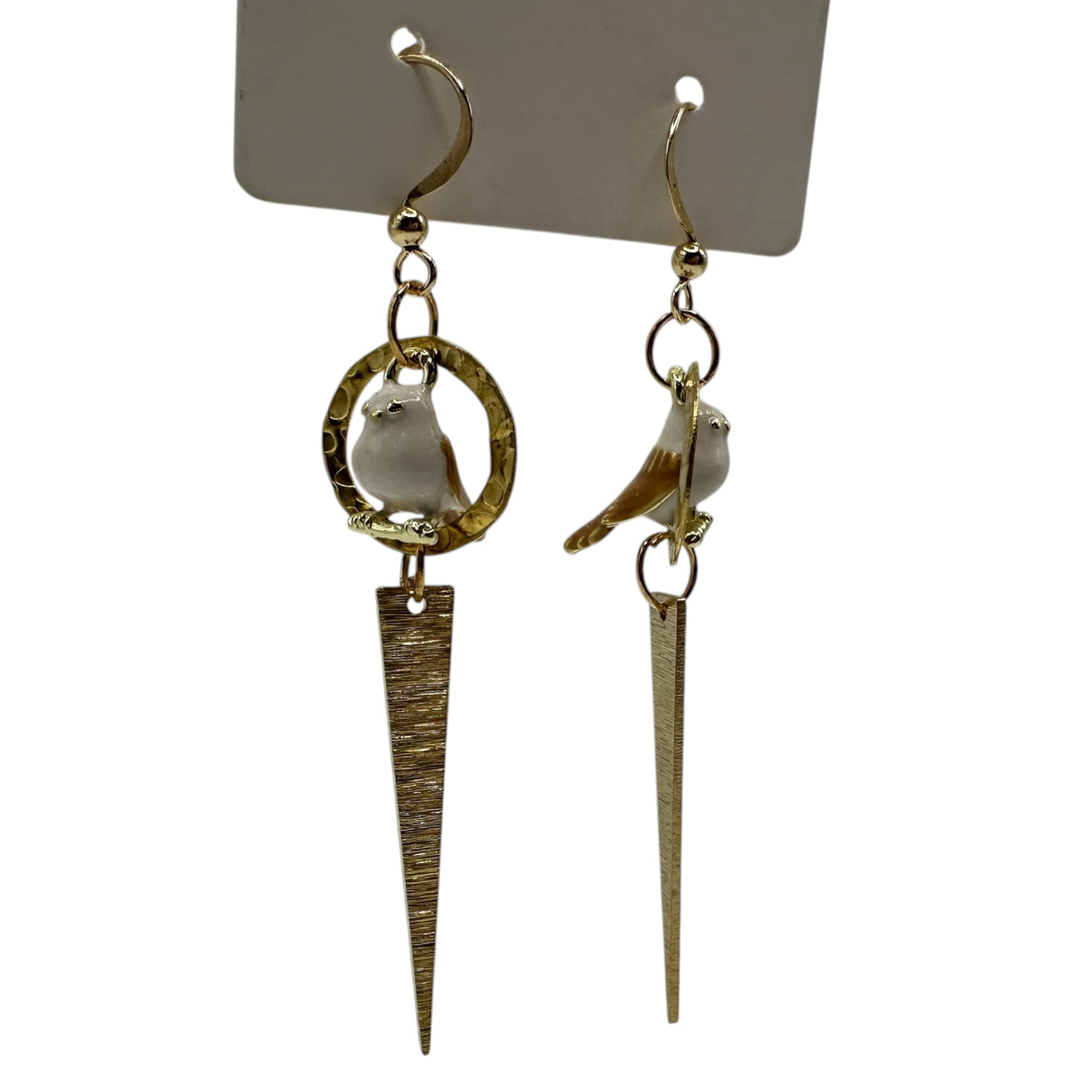 Garden Sentinel Pigeon Earrings – champagne gold-tone pigeon and dagger drop earrings