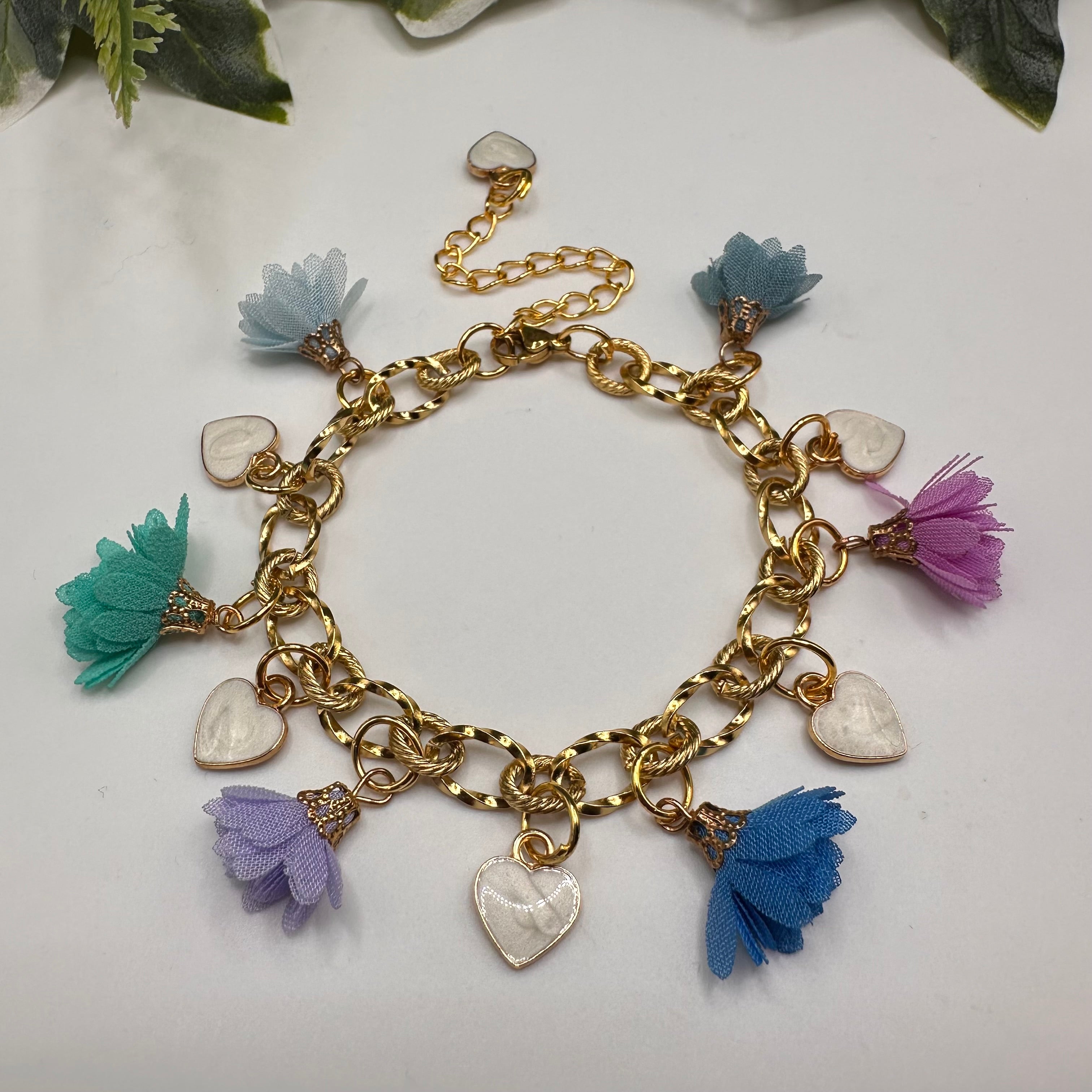 Hearts & Flowers Muted Pastel Charm Bracelet