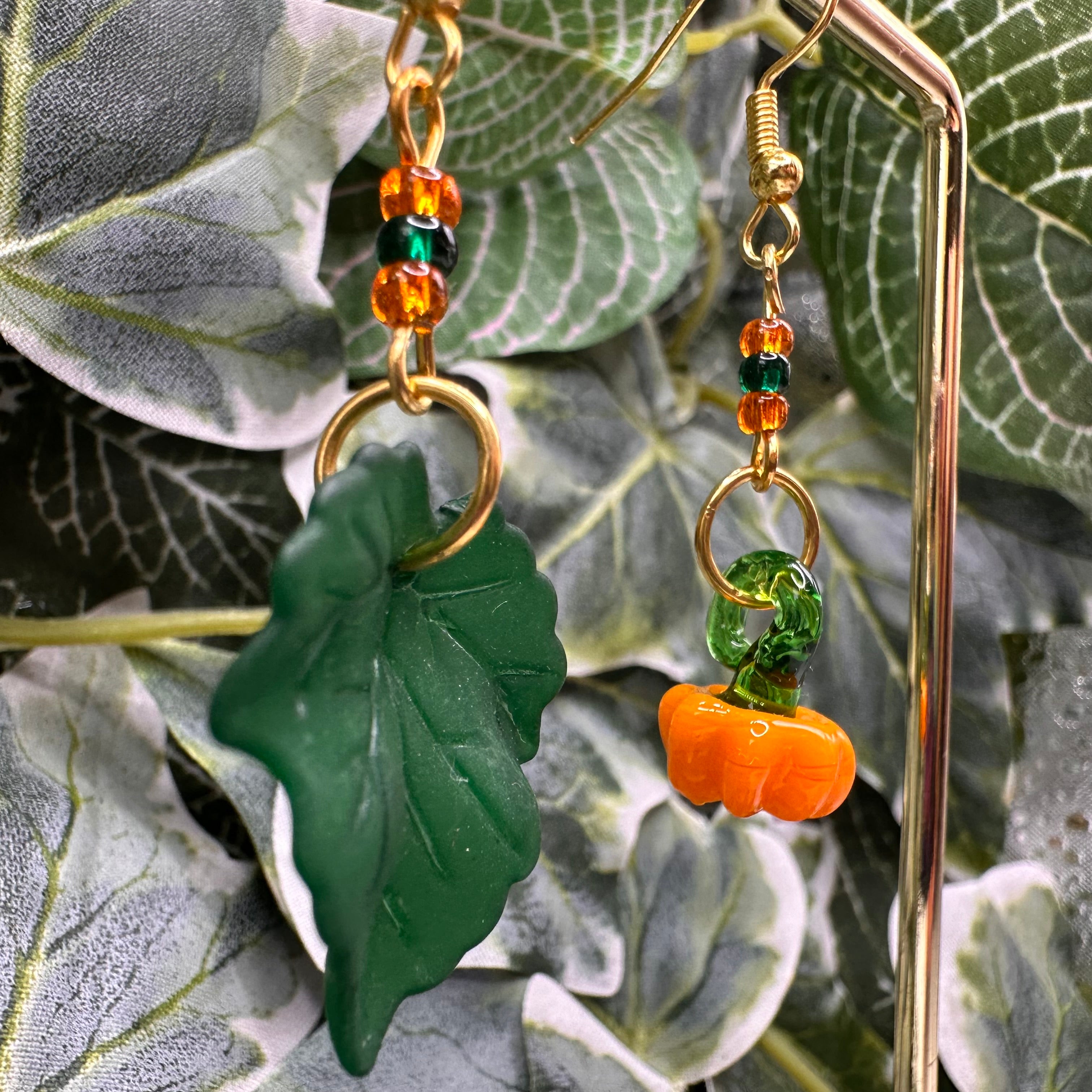 Glass Pumpkin & Green Leaf Beaded Charm Earrings