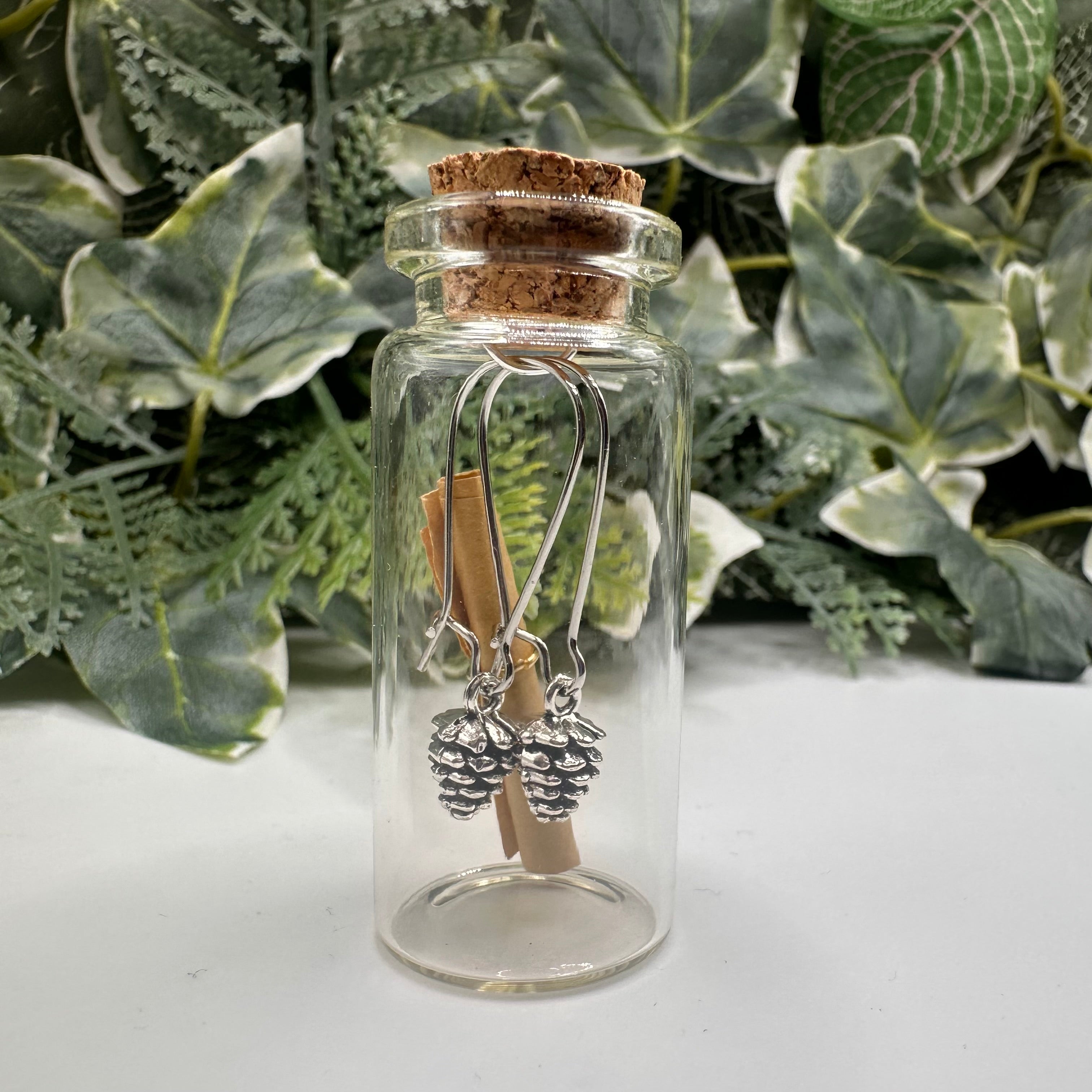 Silver Pinecone Bottled Charm Earrings