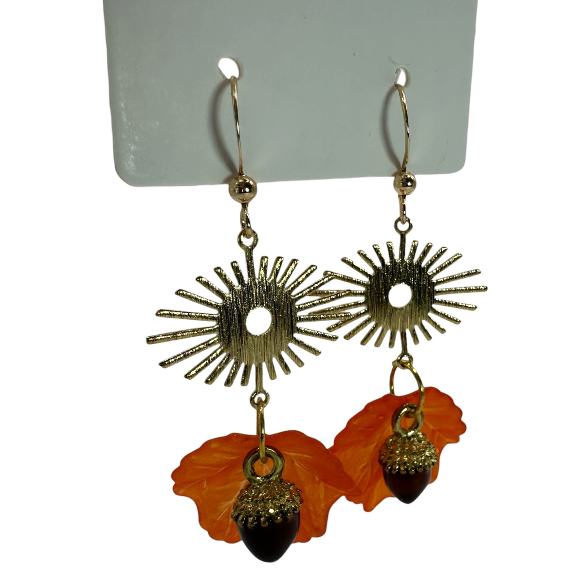 Autumn Sunbeam Acorn Earrings – champagne gold-tone sunburst, leaf and acorn earrings