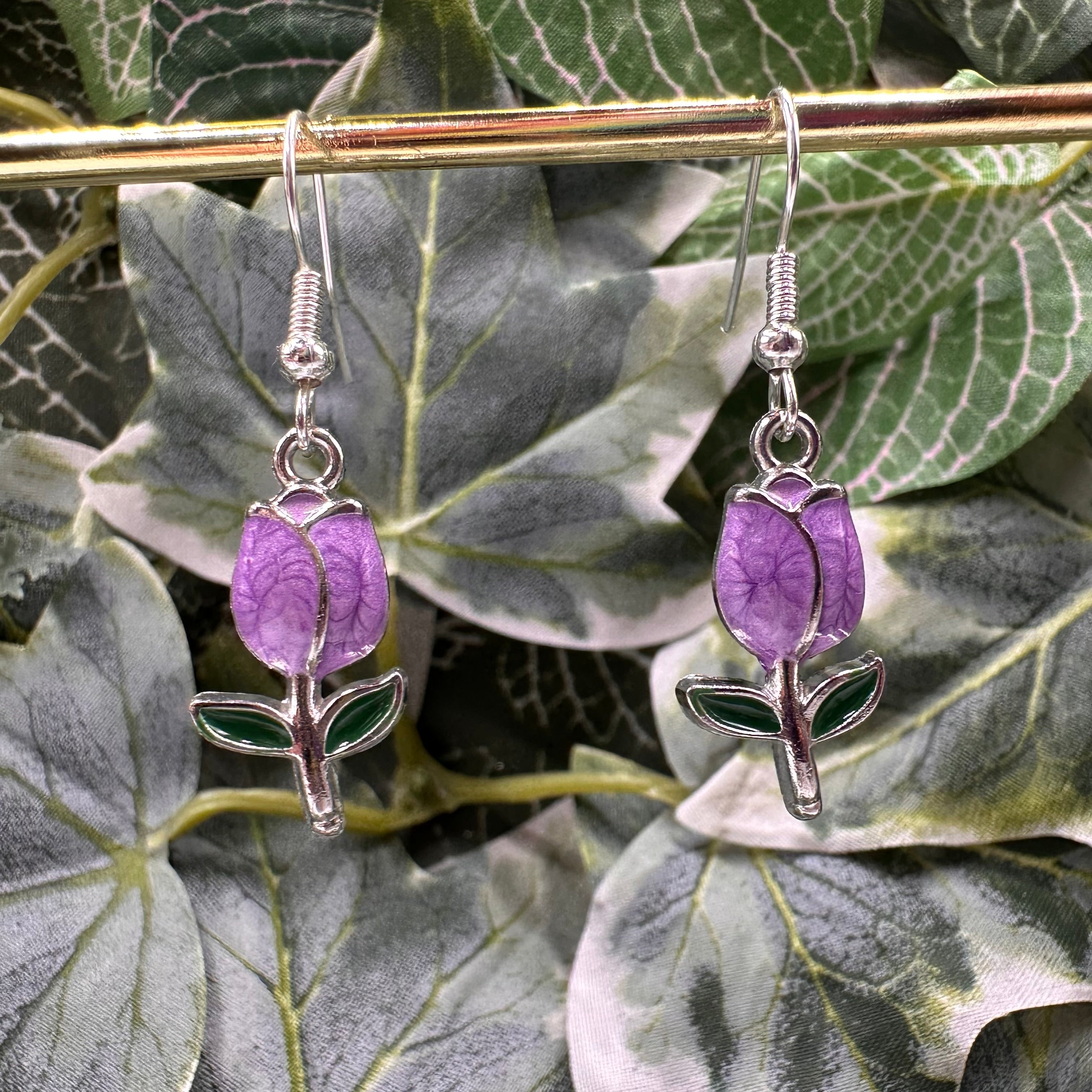 Purple & Silver Rose Charm Earrings