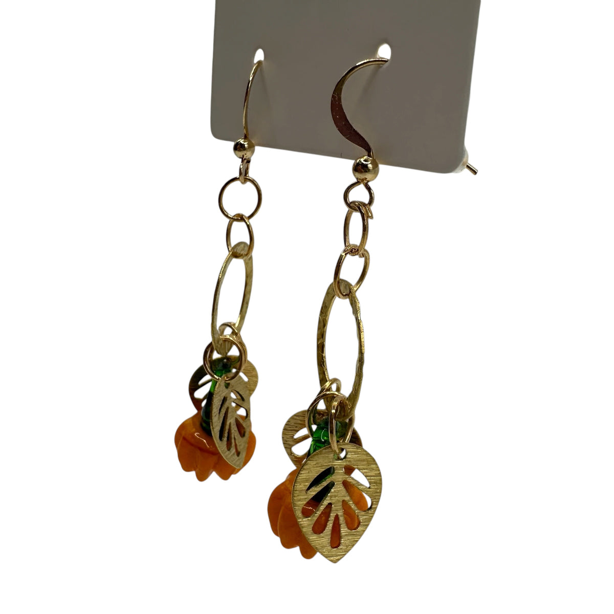 Pumpkin Patch Earrings – champagne gold-tone ring with carved glass pumpkin charm earrings