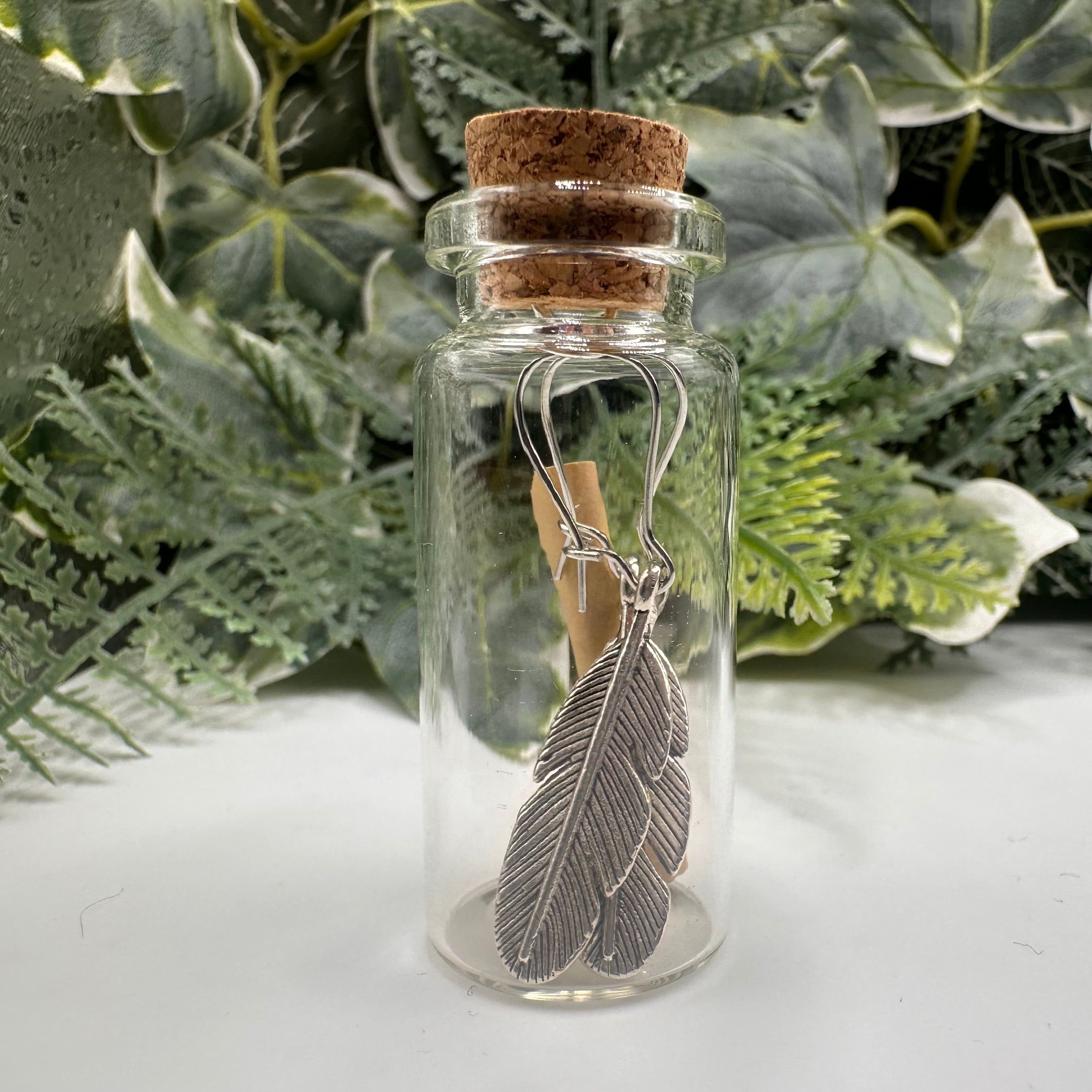 Silver Feather Bottled Charm Earrings