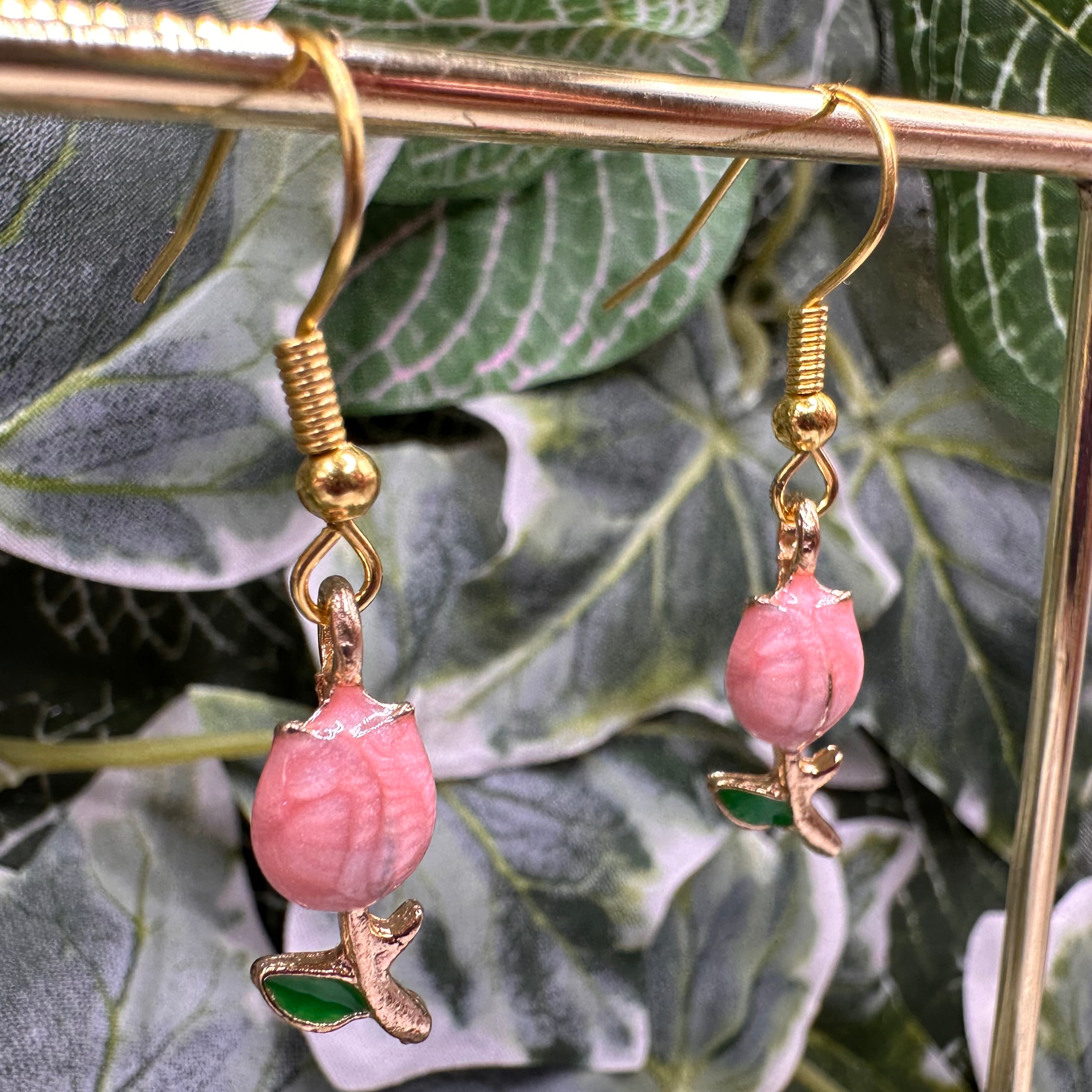 Pink & Gold Rose Charm Earrings