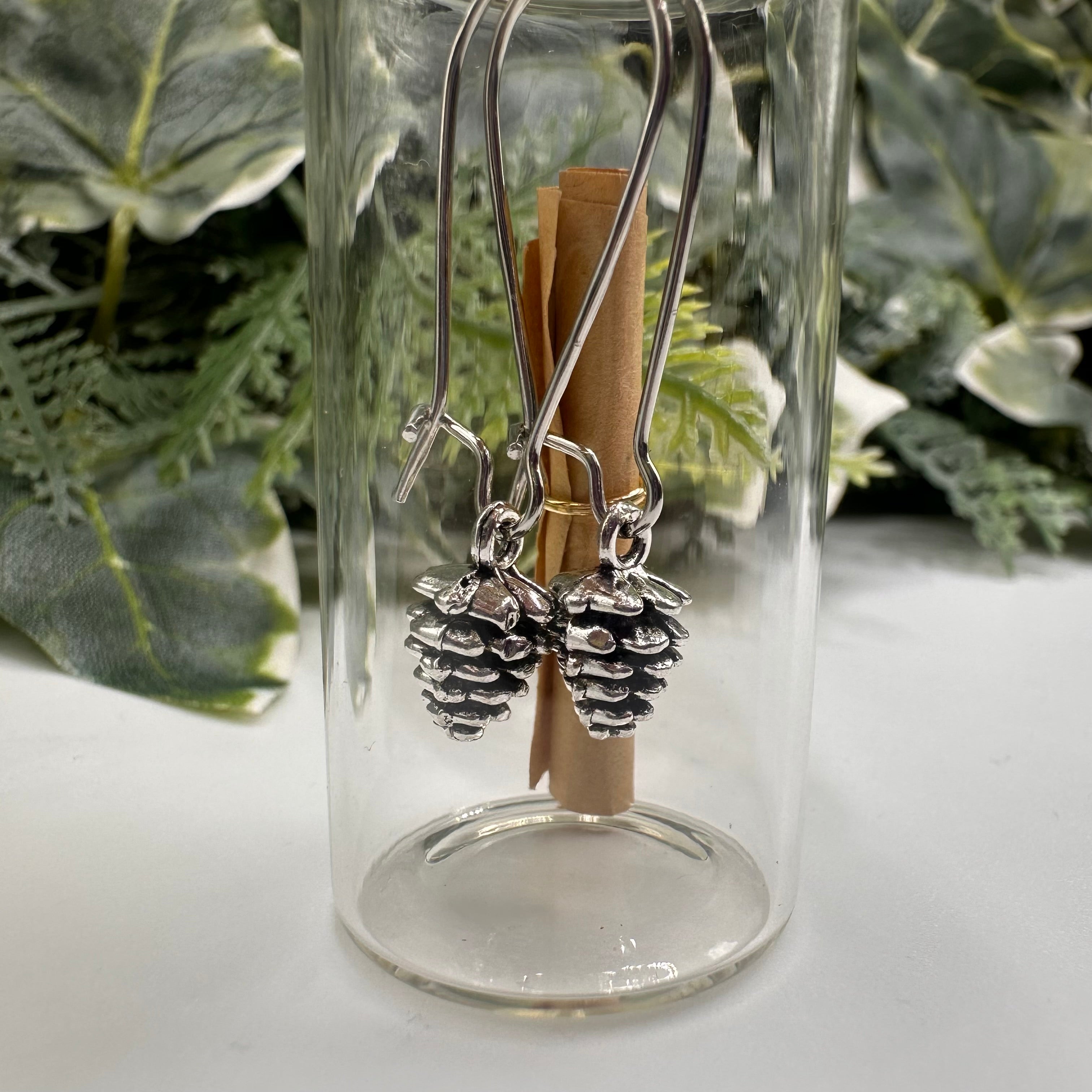 Silver Pinecone Bottled Charm Earrings